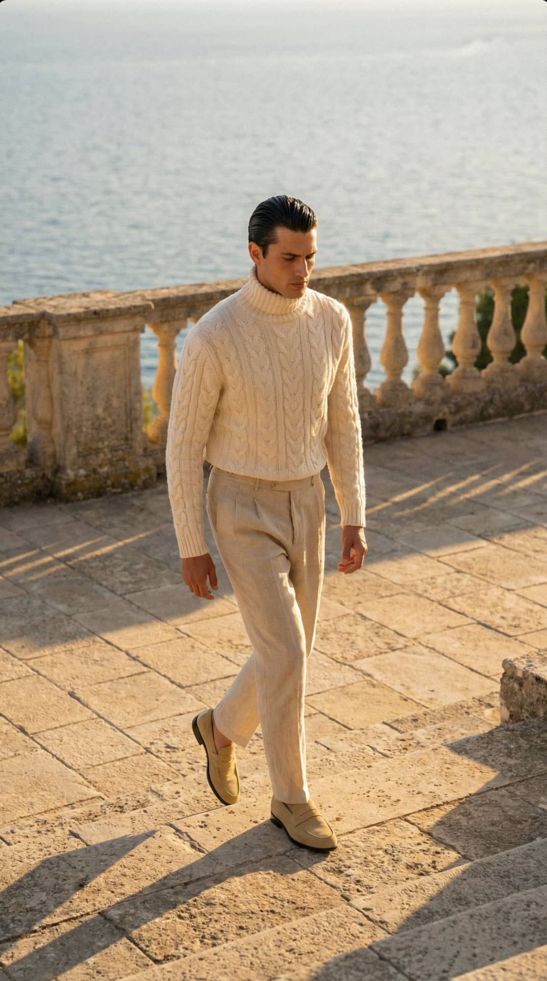 Cream-colored cable-knit turtleneck sweater with a textured, ribbed collar and cuffs.
