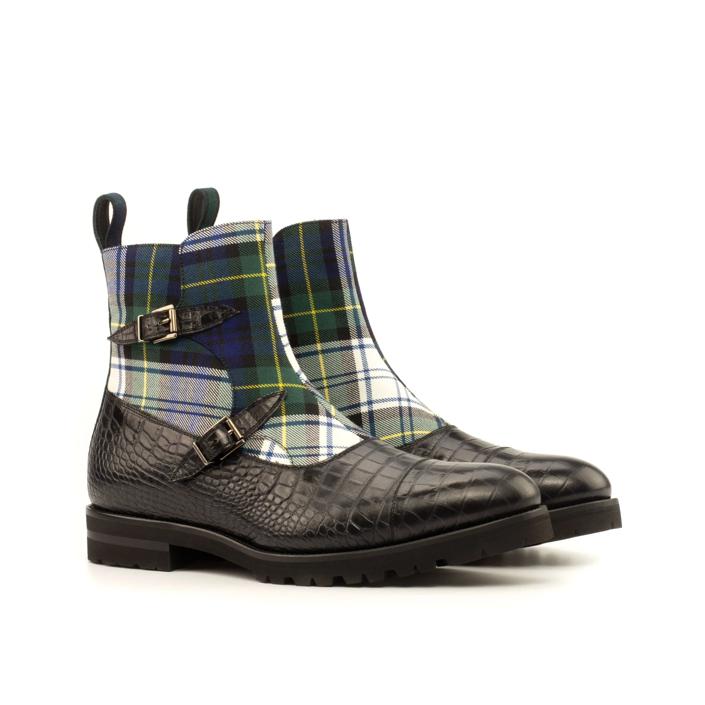 Dakehl Octavian boots with tartan and leather buckle details