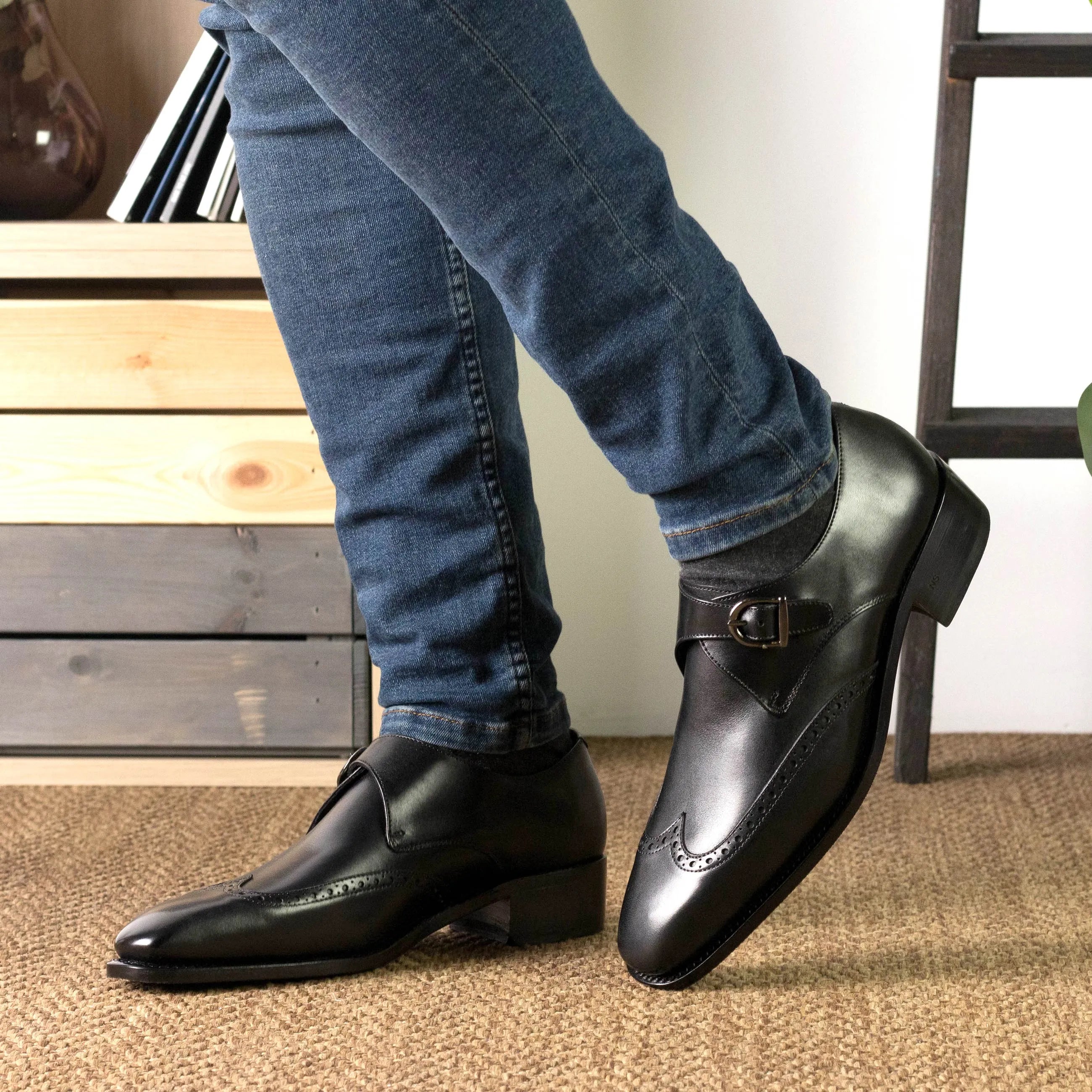 Deluca Single Monk black leather monk strap shoes