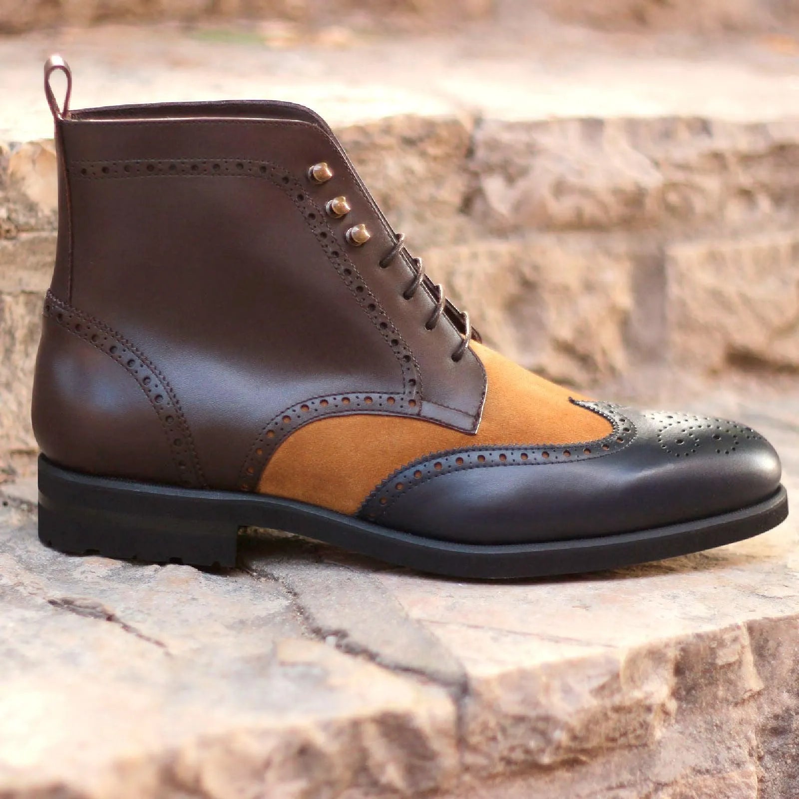 Denion military brogue box calf two-tone leather wingtip boot