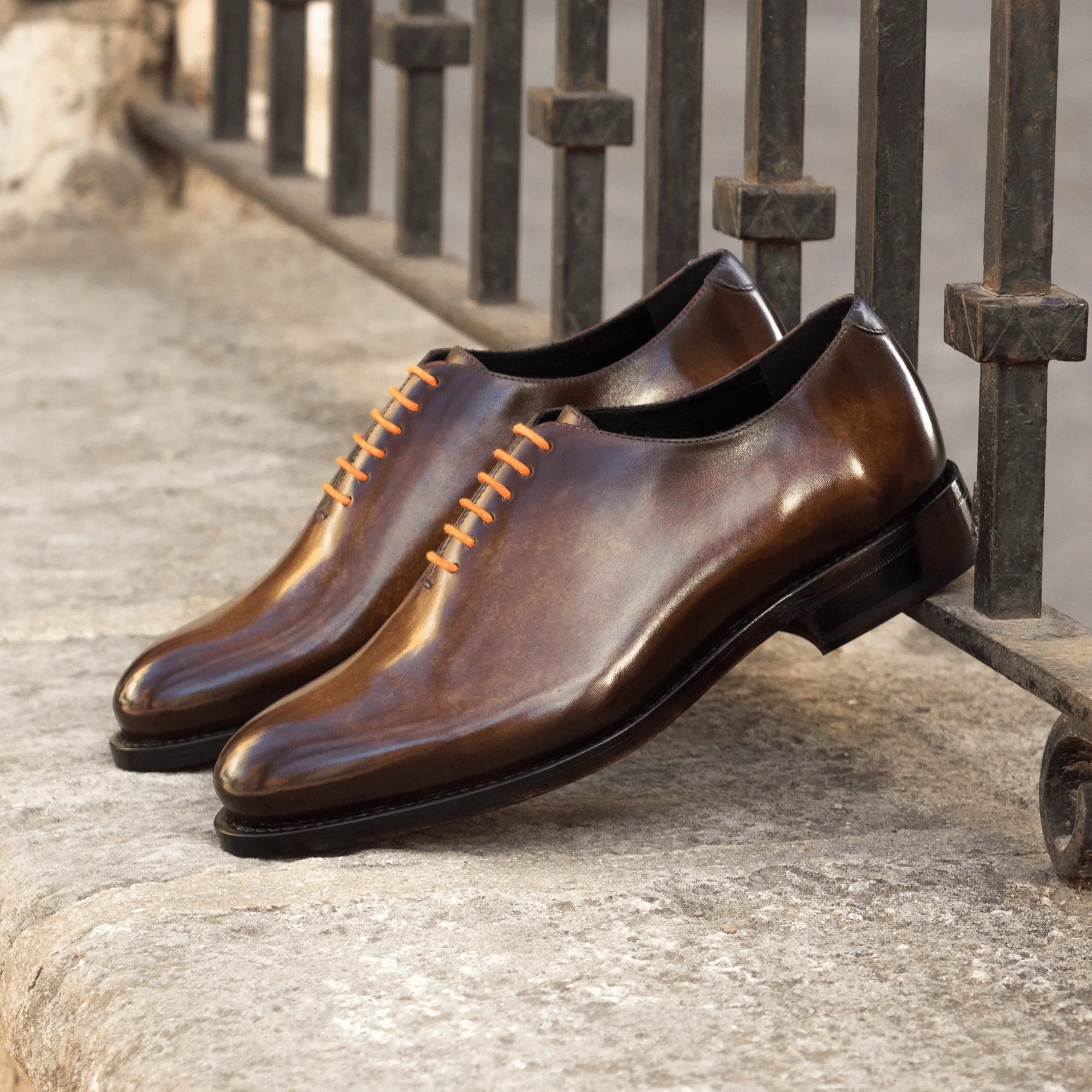 Dillinger whole cut patina II brown leather dress shoes with orange laces