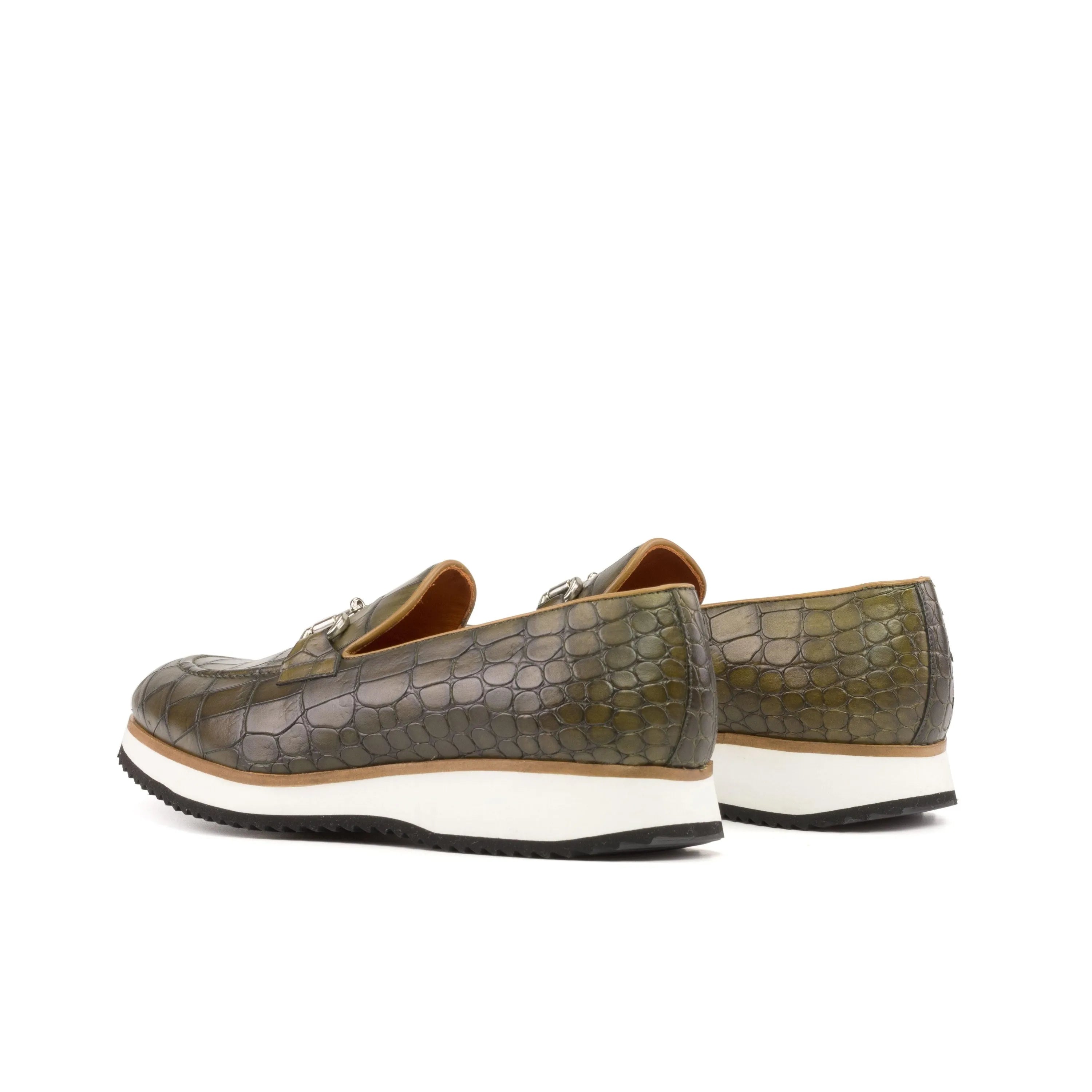 Dimitry loafers in olive-green crocodile pattern, luxury bespoke shoes for men