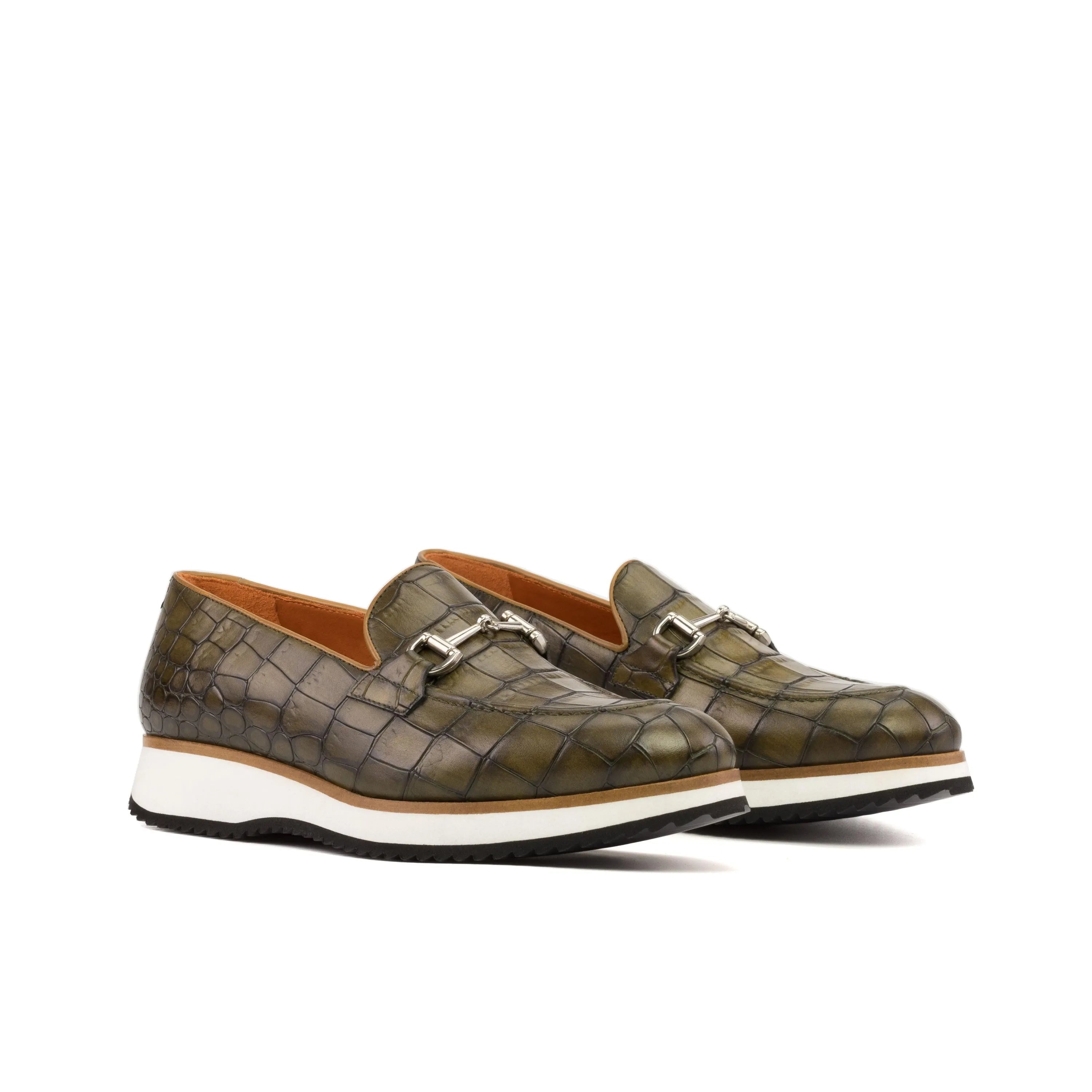Dimitry loafers in olive green leather, luxury bespoke shoes for men