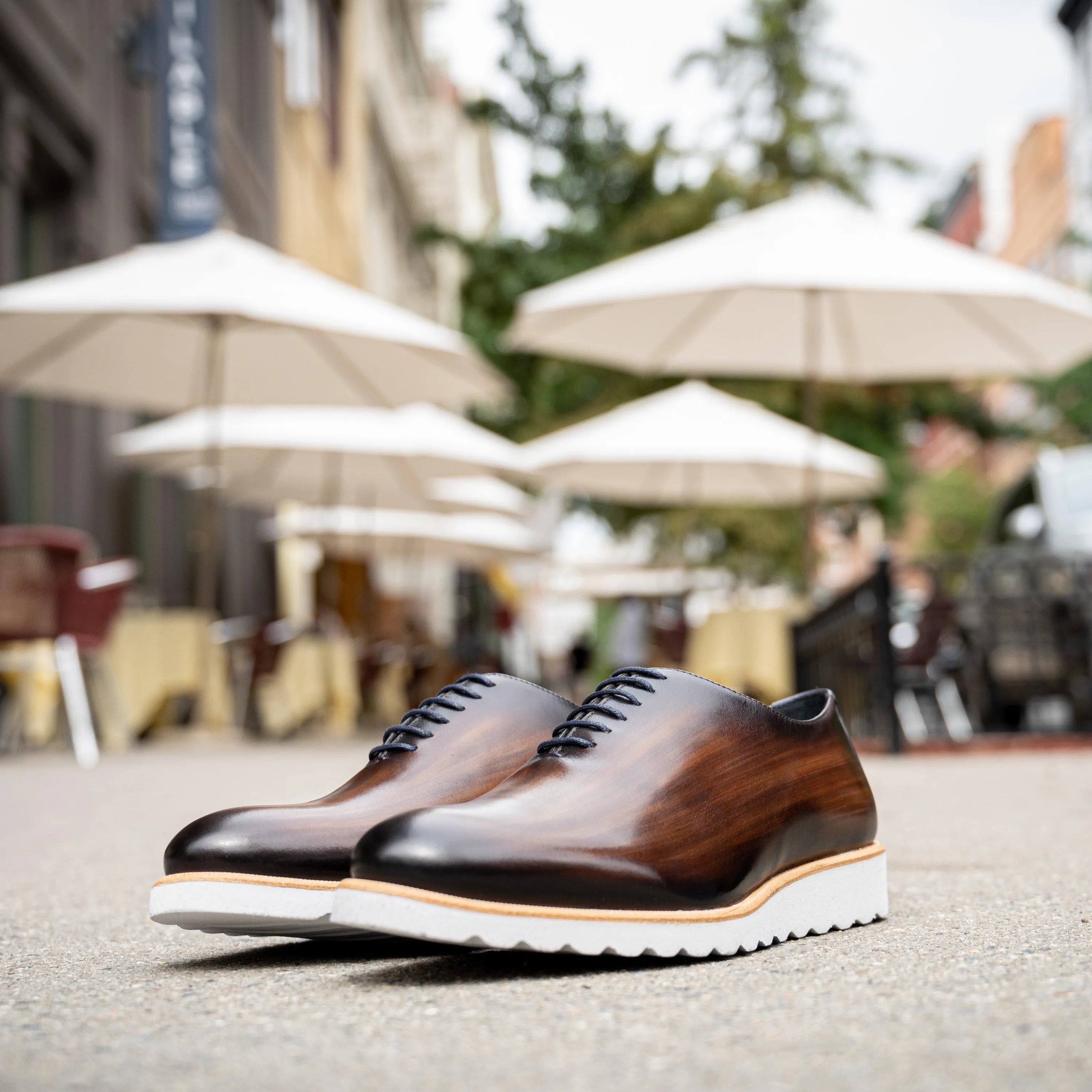 Dino Patina Wholecut brown leather dress shoes with white soles