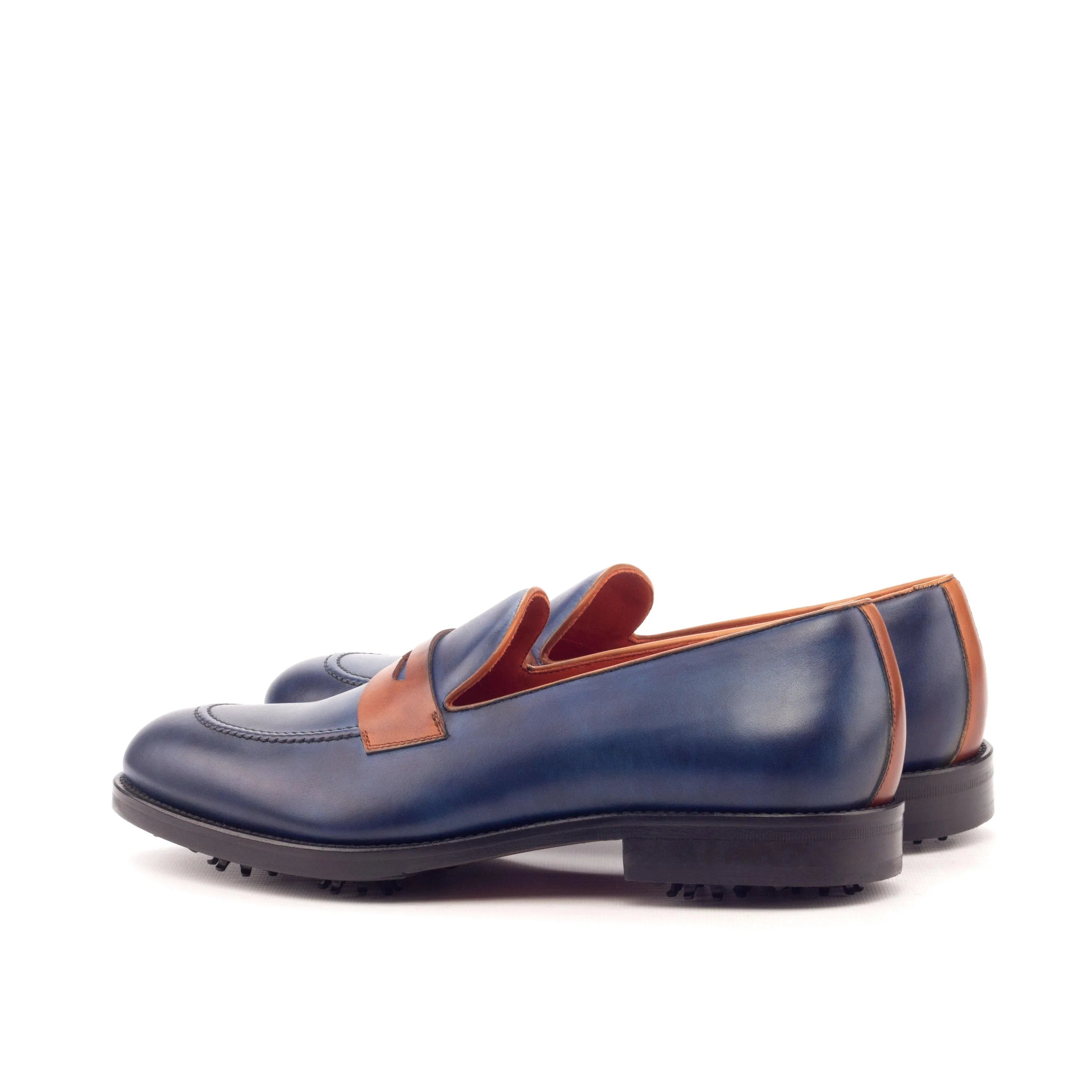 Double Eagle Loafer golf shoes in blue and brown painted calf leather