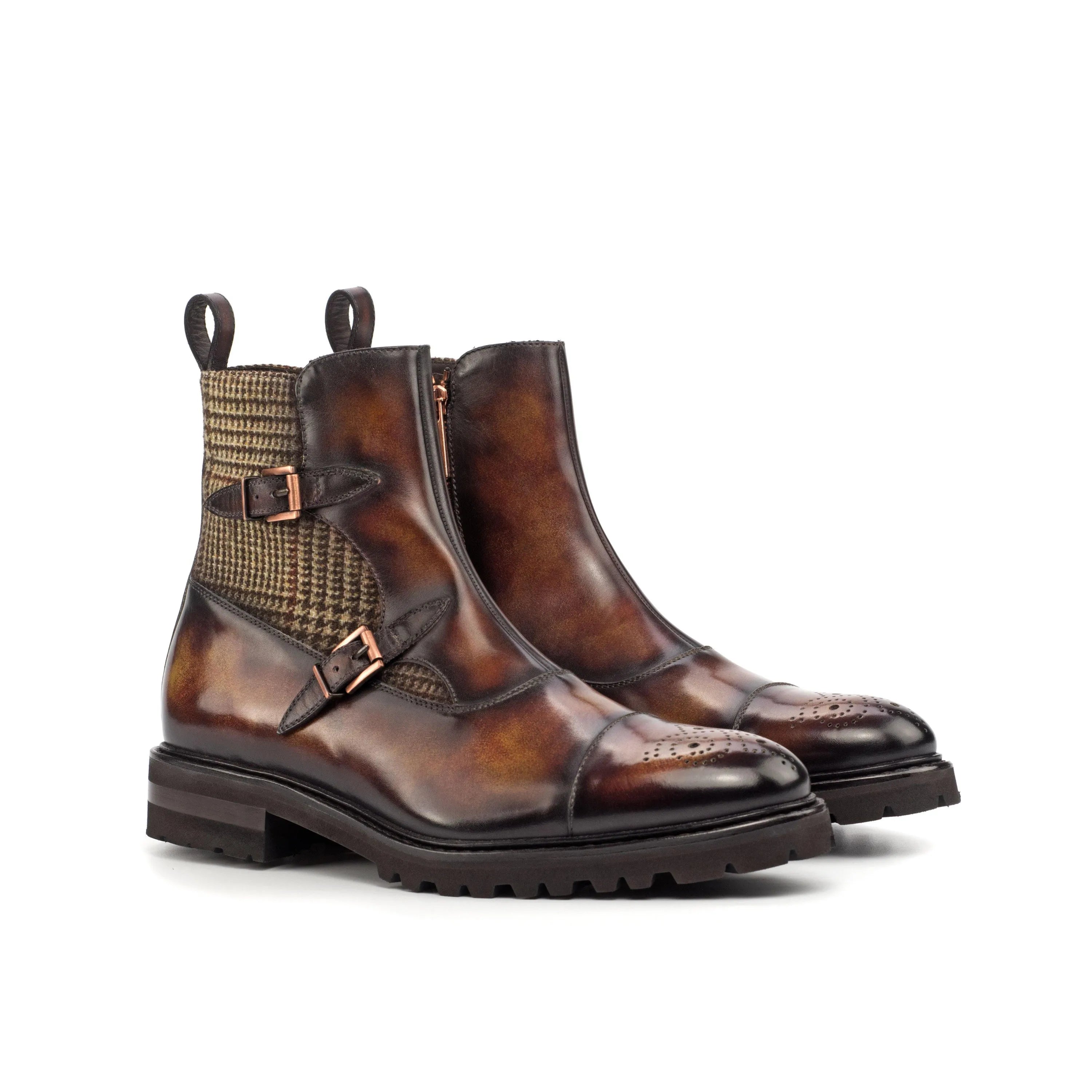 Dowain Octavian Patina Boots in brown leather and tweed