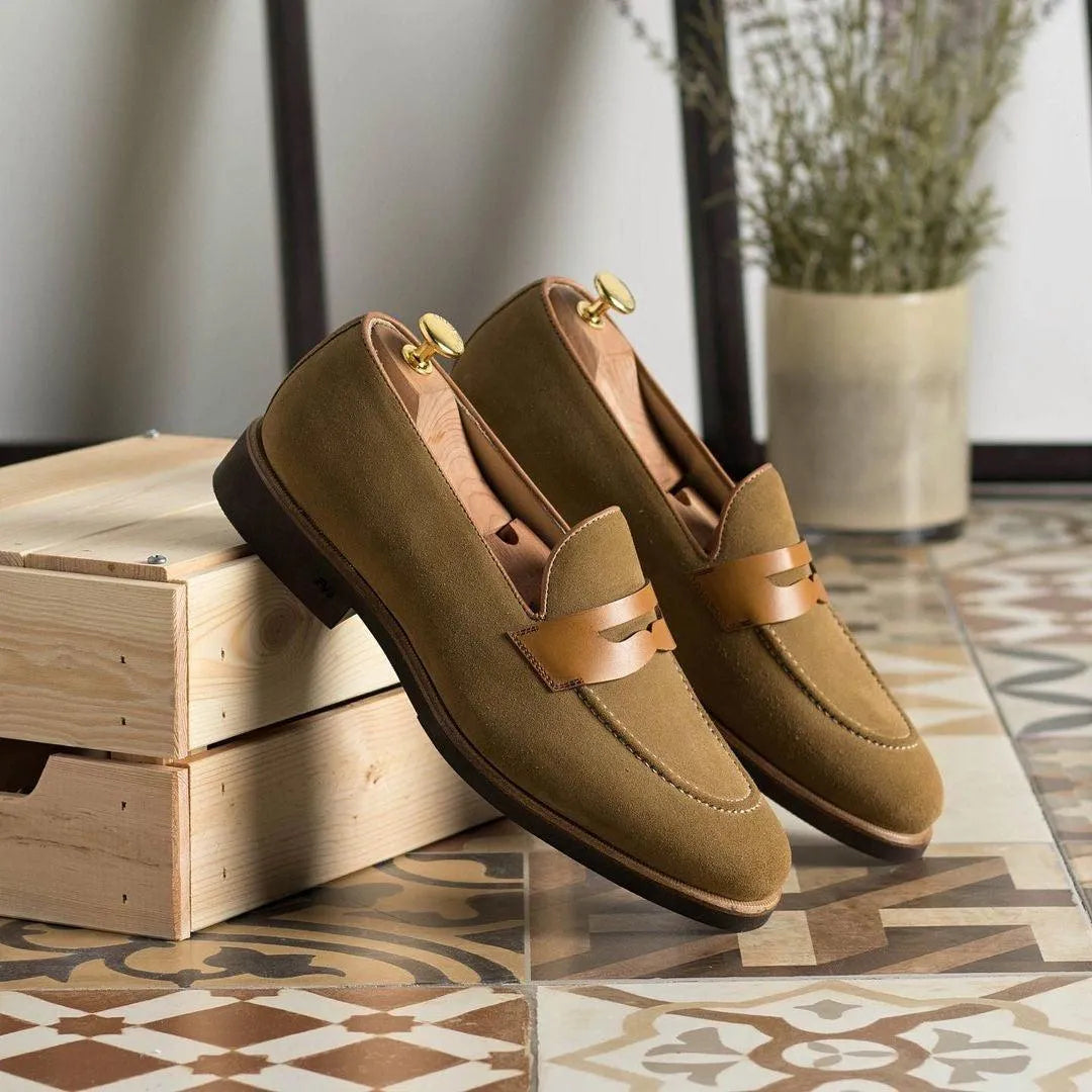 Brown suede Drappers loafers, luxury bespoke shoes for men