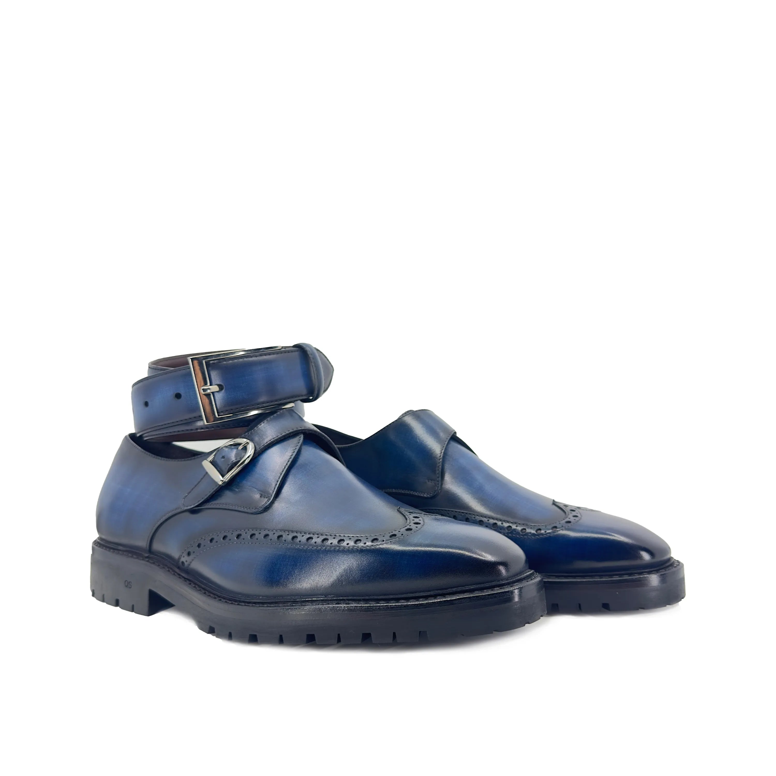 Dyno patina single monk blue leather shoes back view