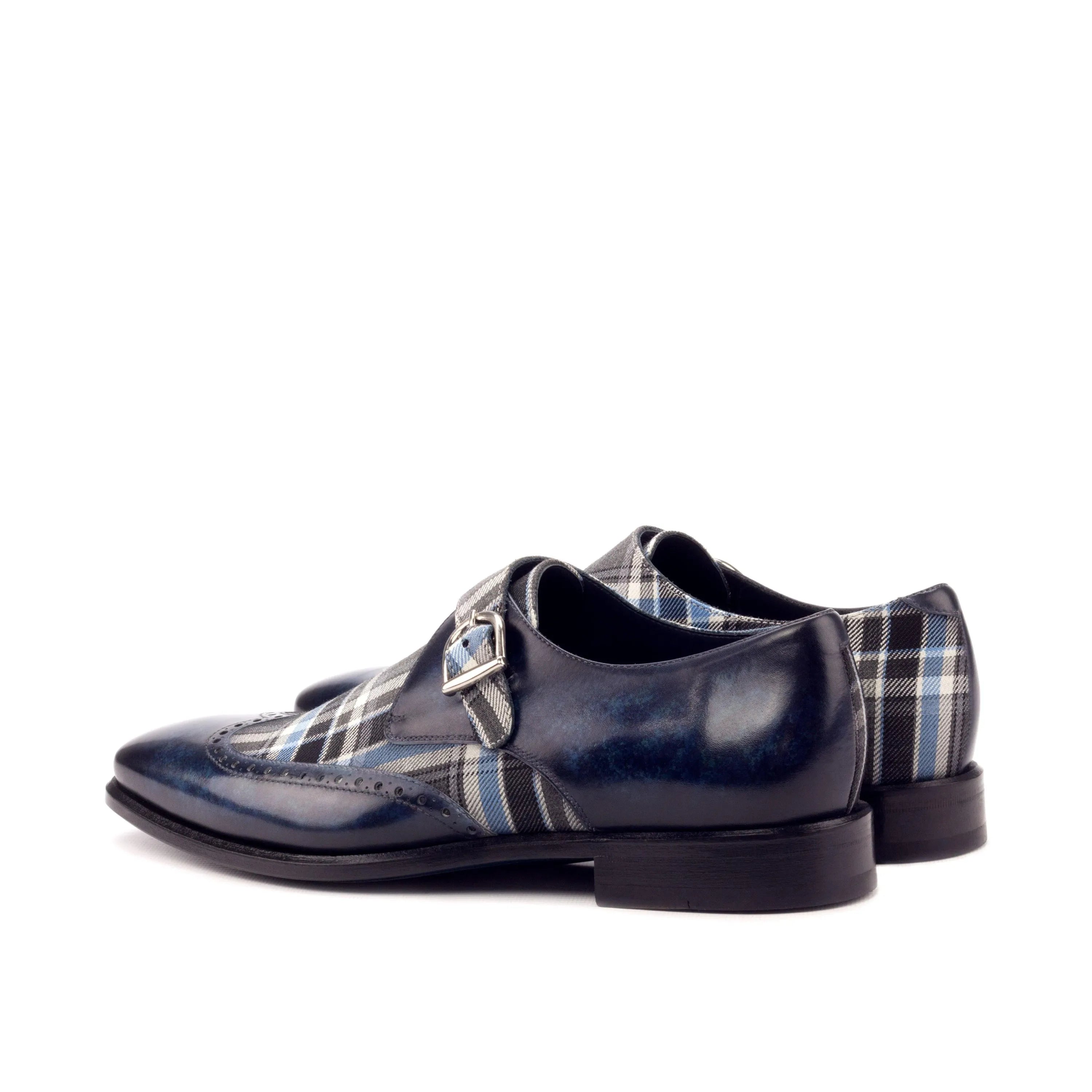 Blue leather plaid Empire single monk patina shoes