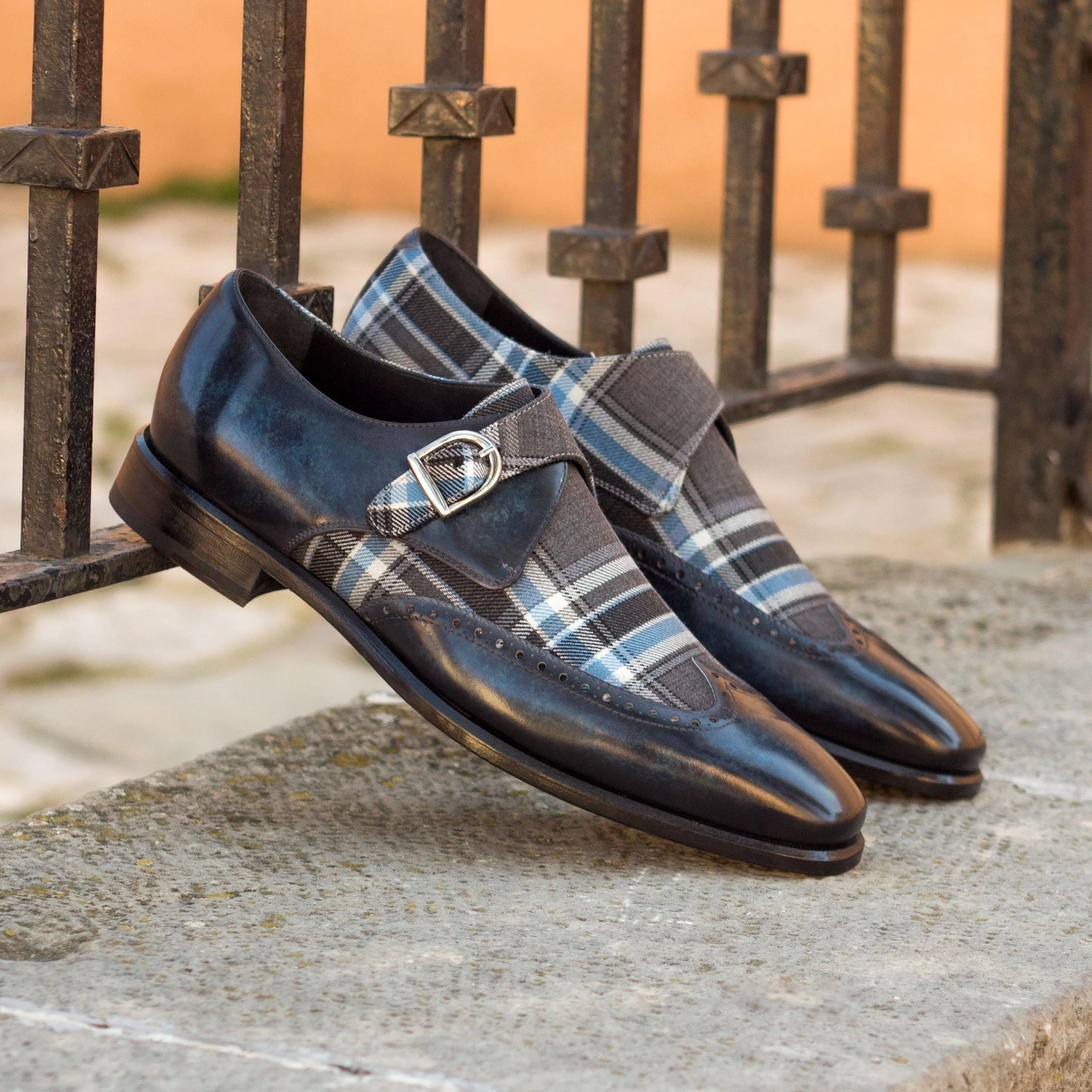 Empire single monk patina shoes in black plaid pair