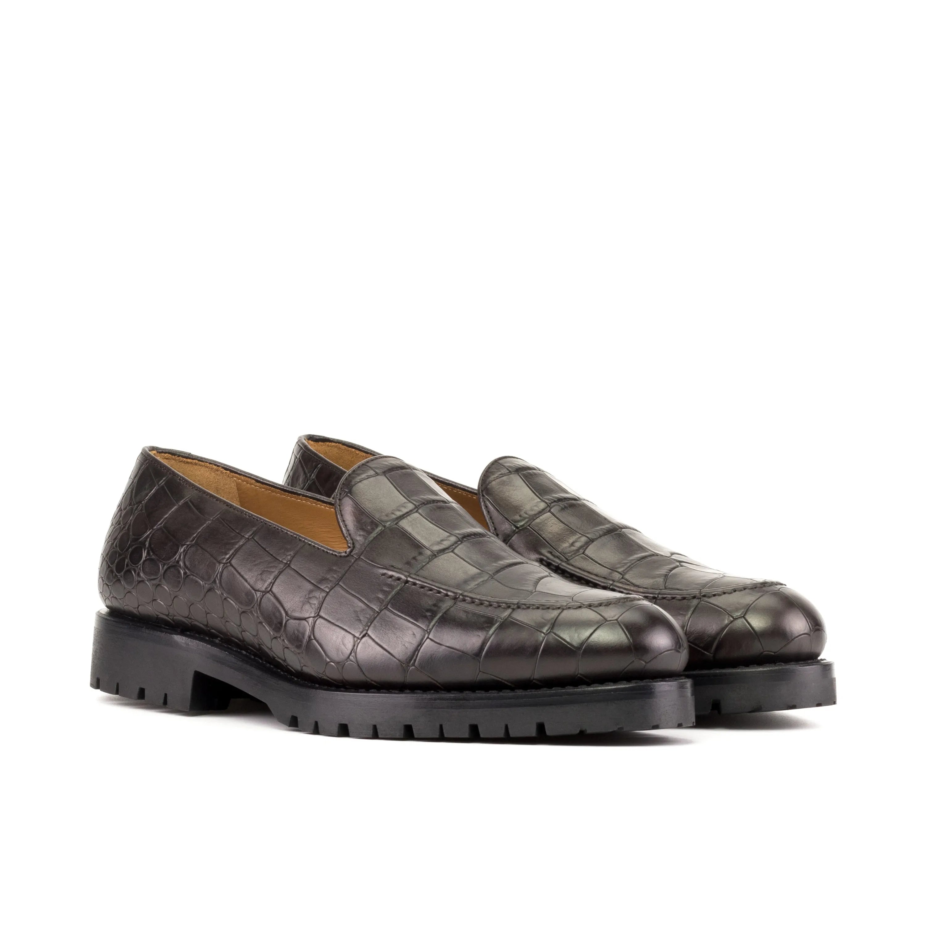 Empress loafers: brown crocodile-patterned leather luxury bespoke shoes for men