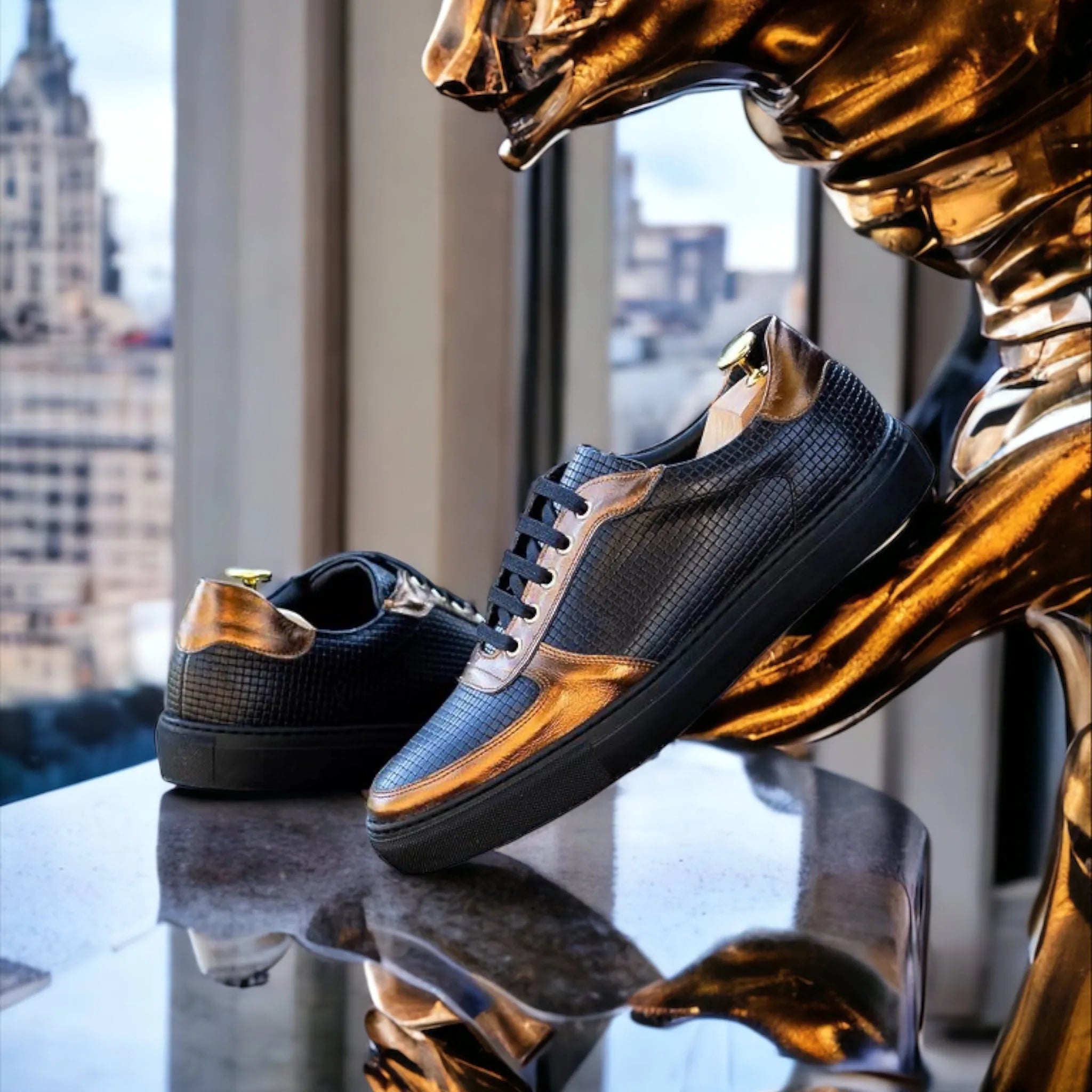 Empyr low chunky trainer sneaker in black and bronze Italian leather