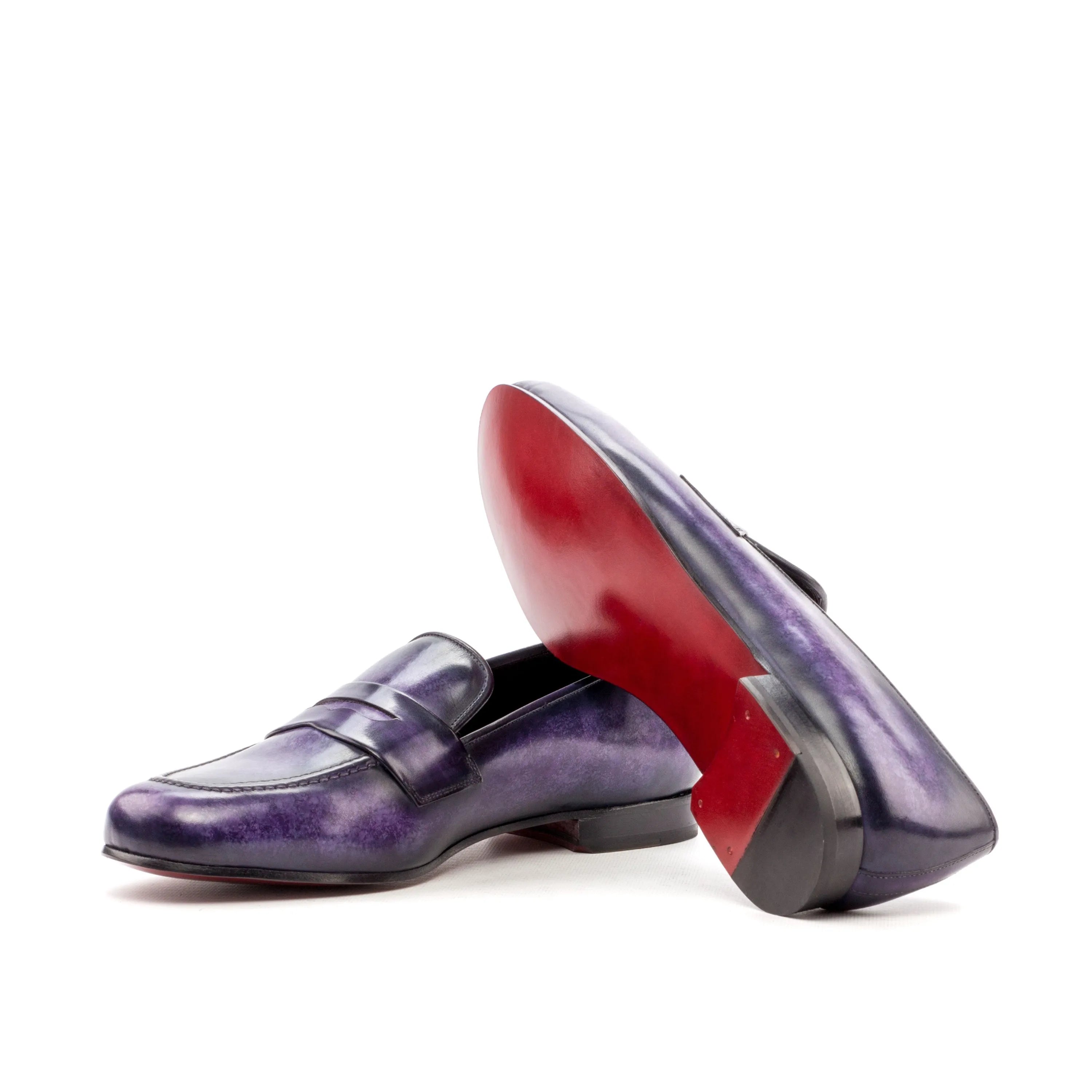 Euclid Wellington Patina purple leather penny loafers with red soles