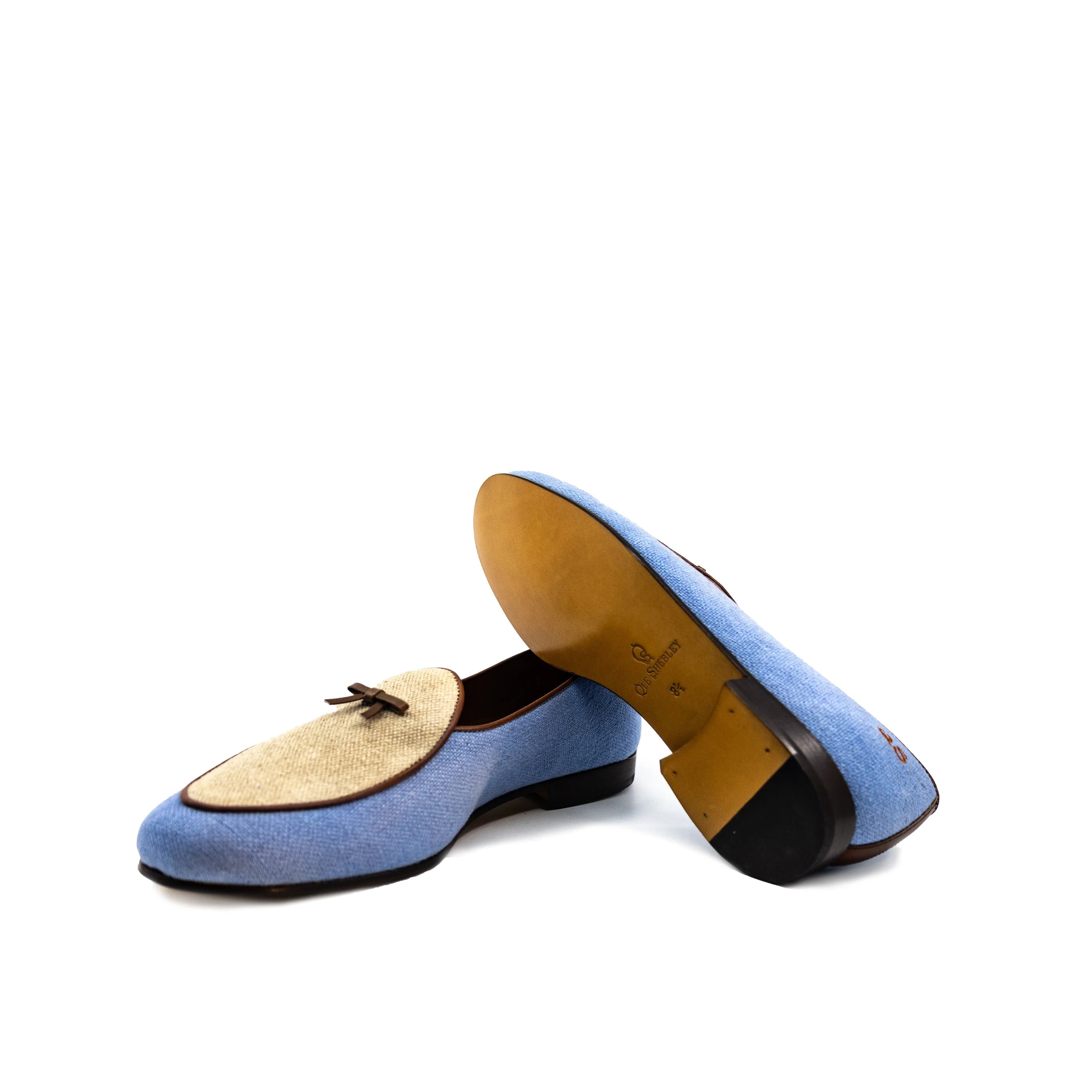 Fernandez Belgian Slipper II: light blue suede loafer with brown calf leather sole