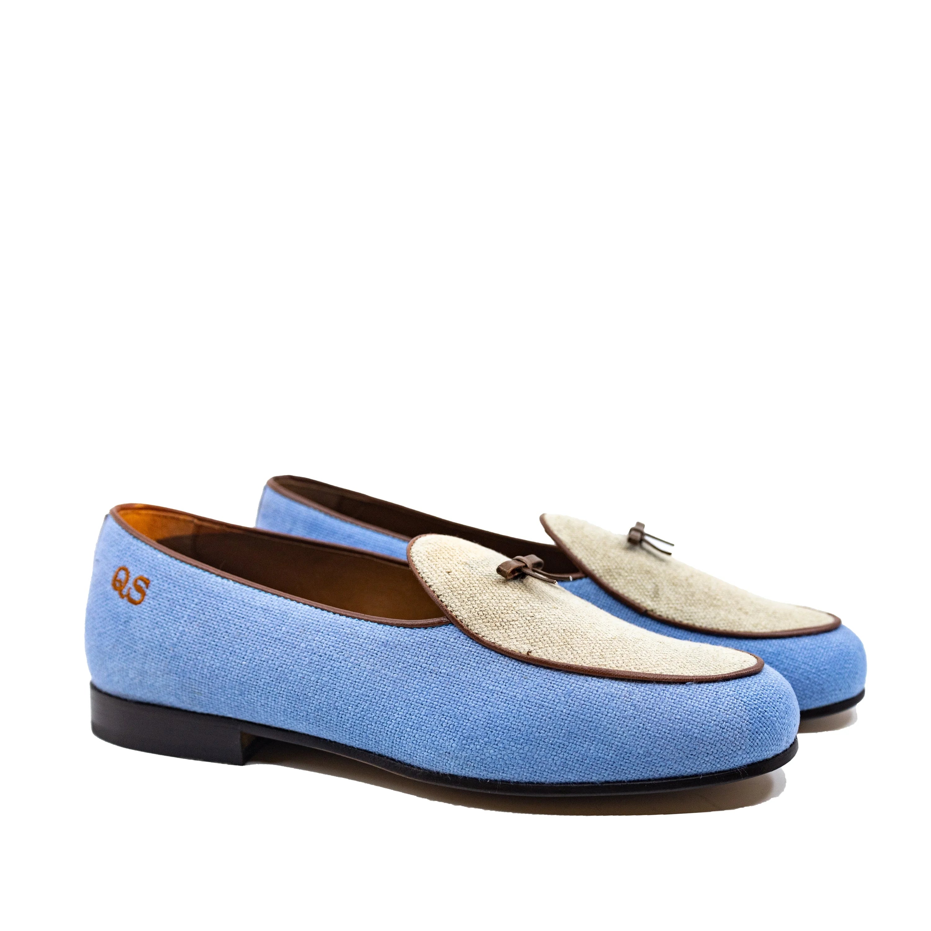Fernandez Belgian Slipper in light blue suede with white accents