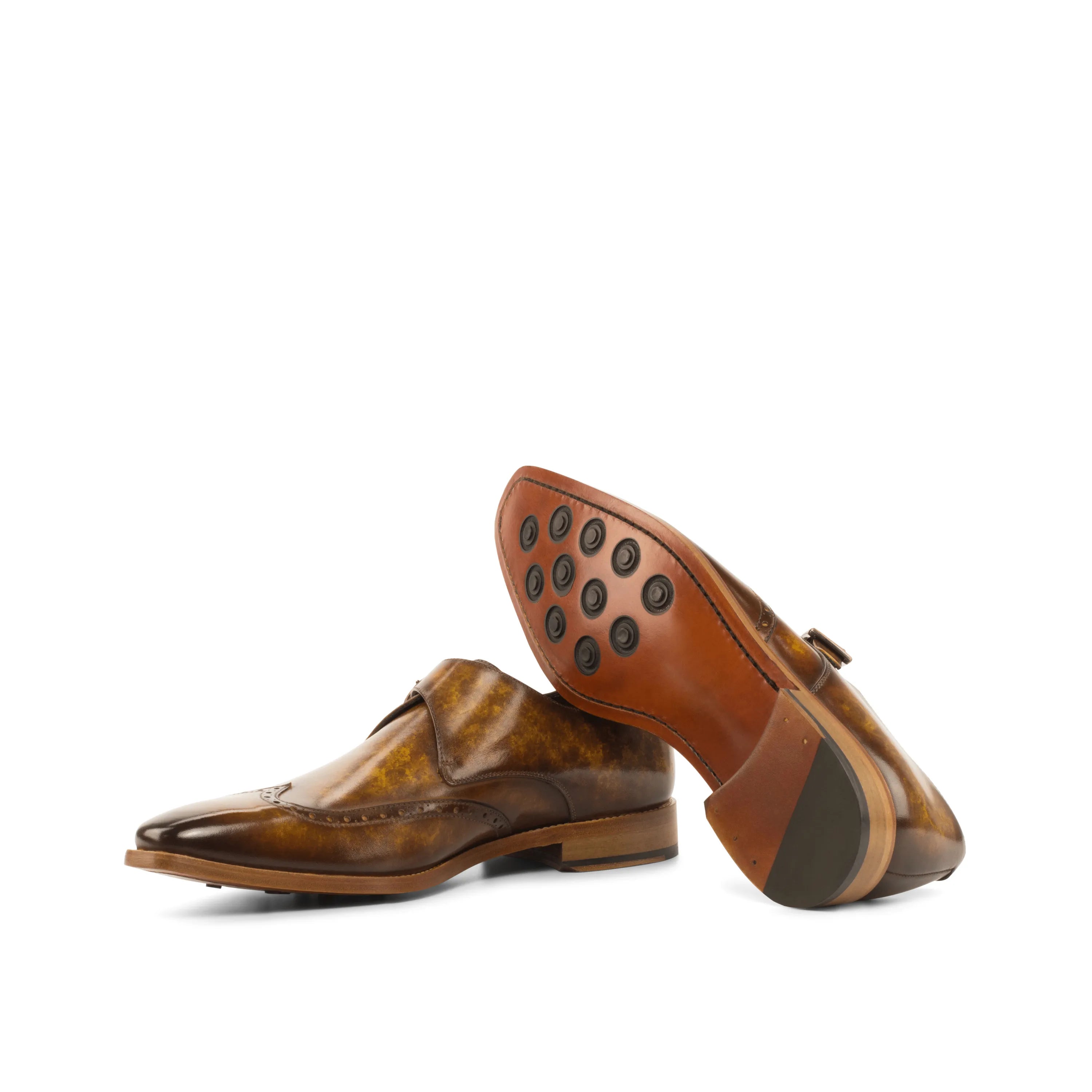 Brown leather patina single monk shoes, Fire Patina model back view