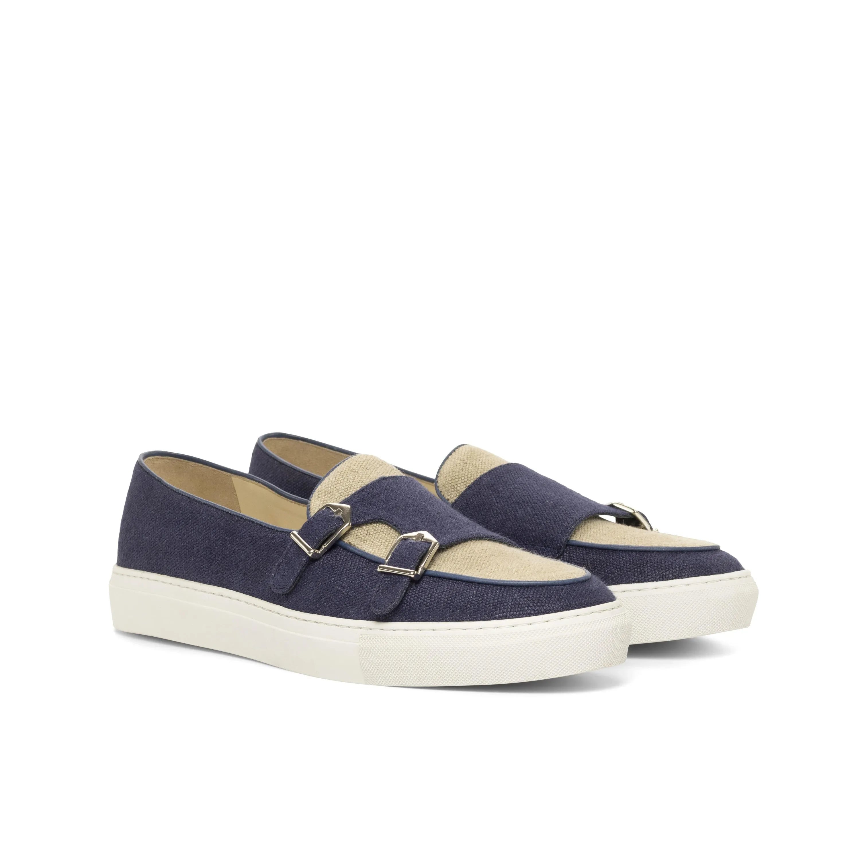Fridays monk sneaker: navy and beige double monk strap sneakers