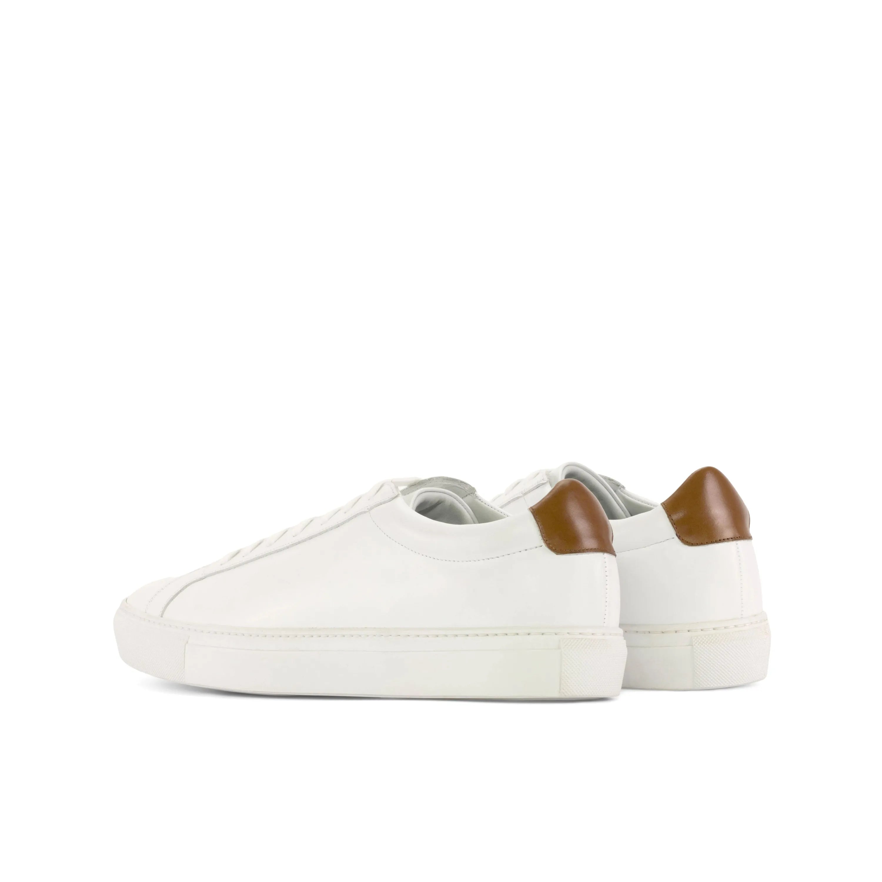 Back view of Garry low kick sneaker in white leather with brown heel detail