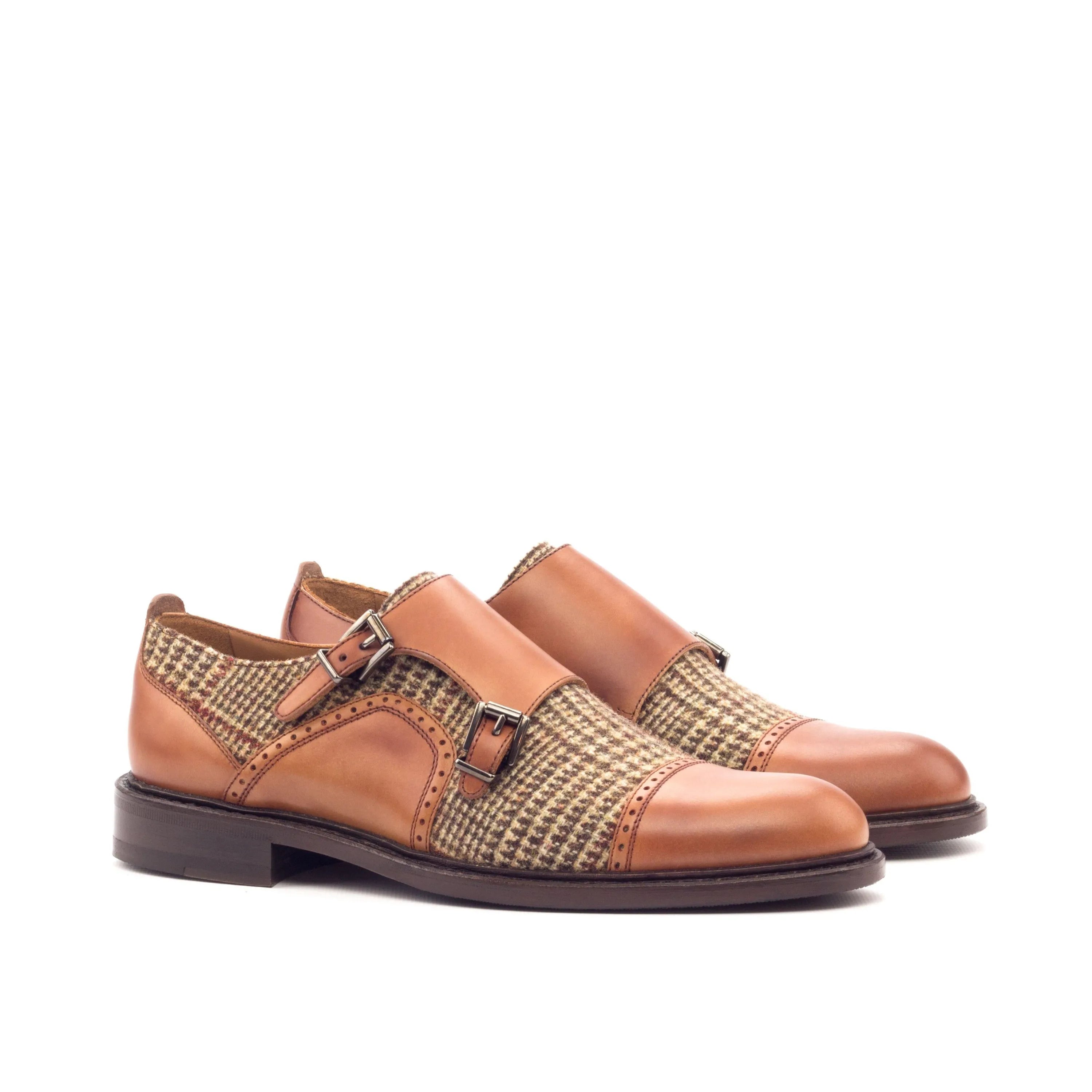 Gina women double monk II brown leather tweed shoes