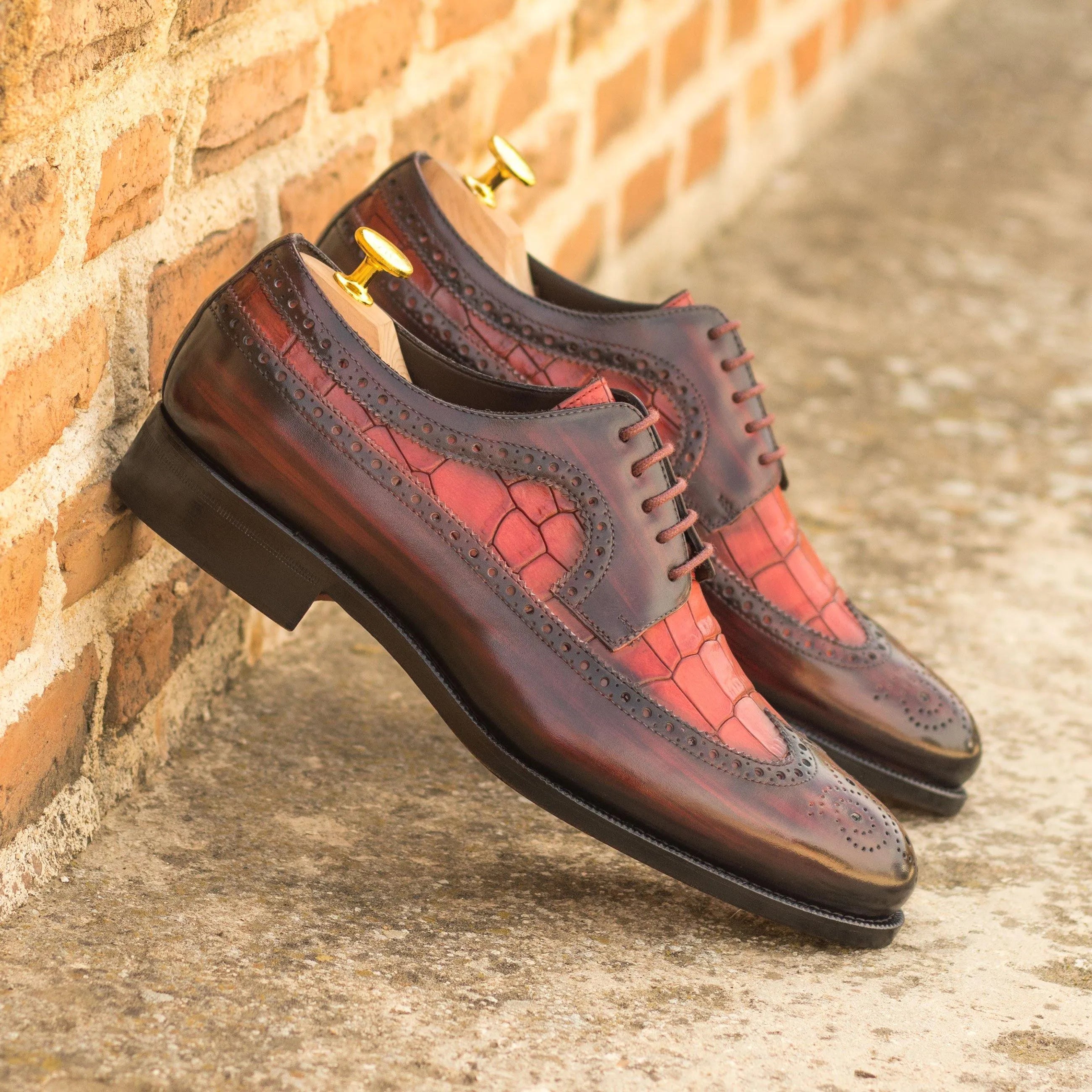 Givanios patina longwing blucher in burgundy and red leather