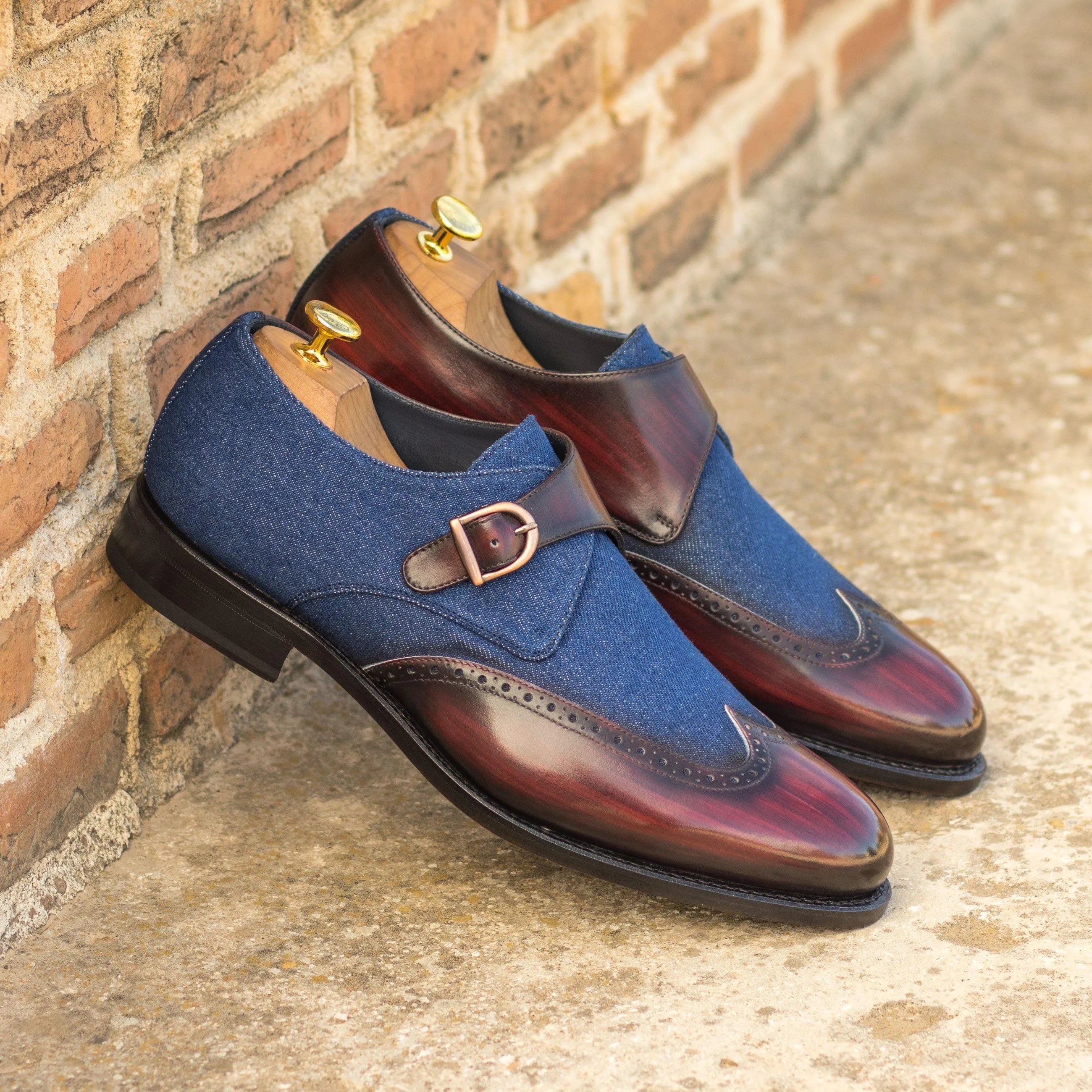 Givario II single monk patina shoes in stylish denim and leather