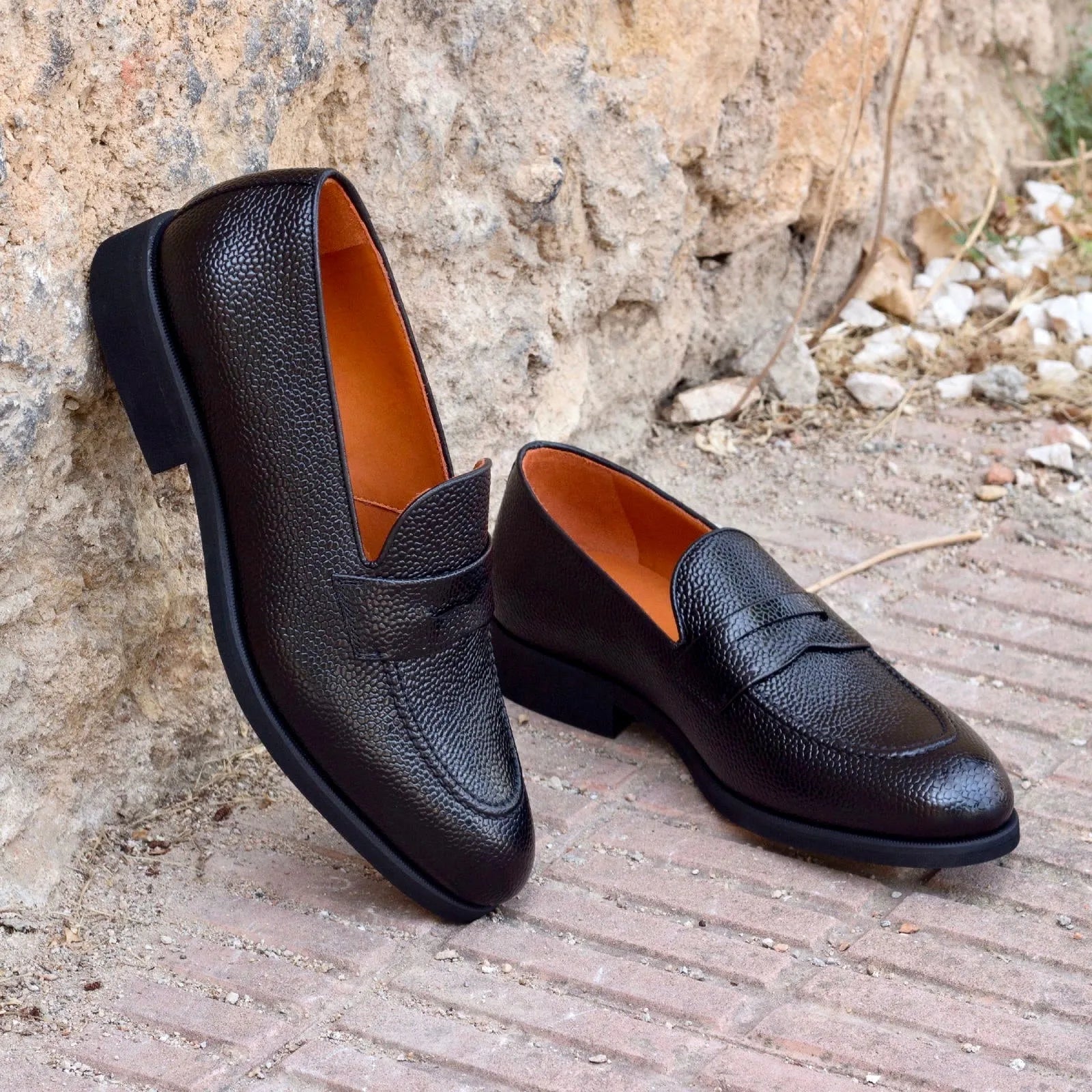 Pair of black leather Haaz loafers, luxury bespoke shoes for men