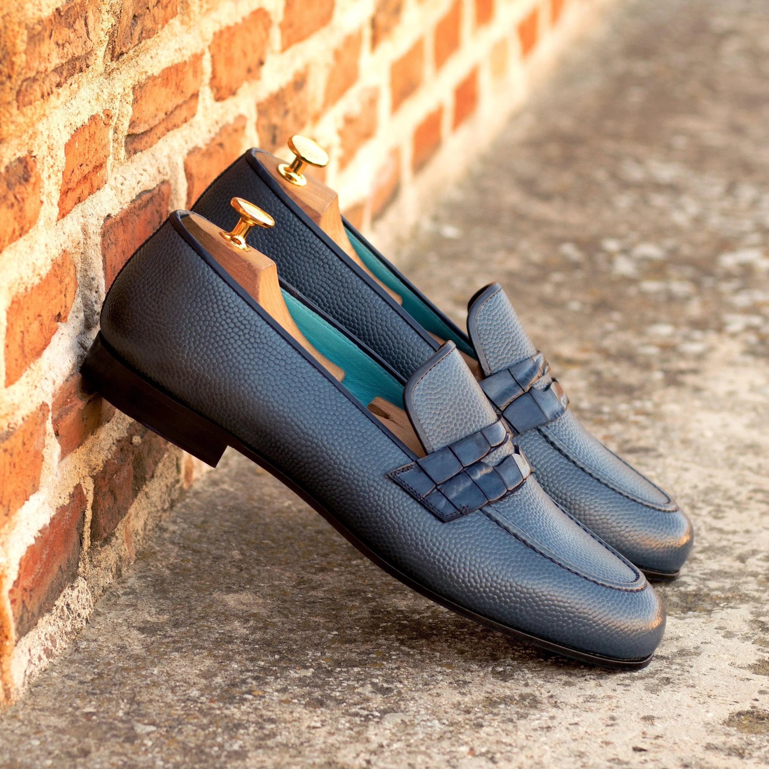 Blue leather penny loafers on Hefe Wellington slip on