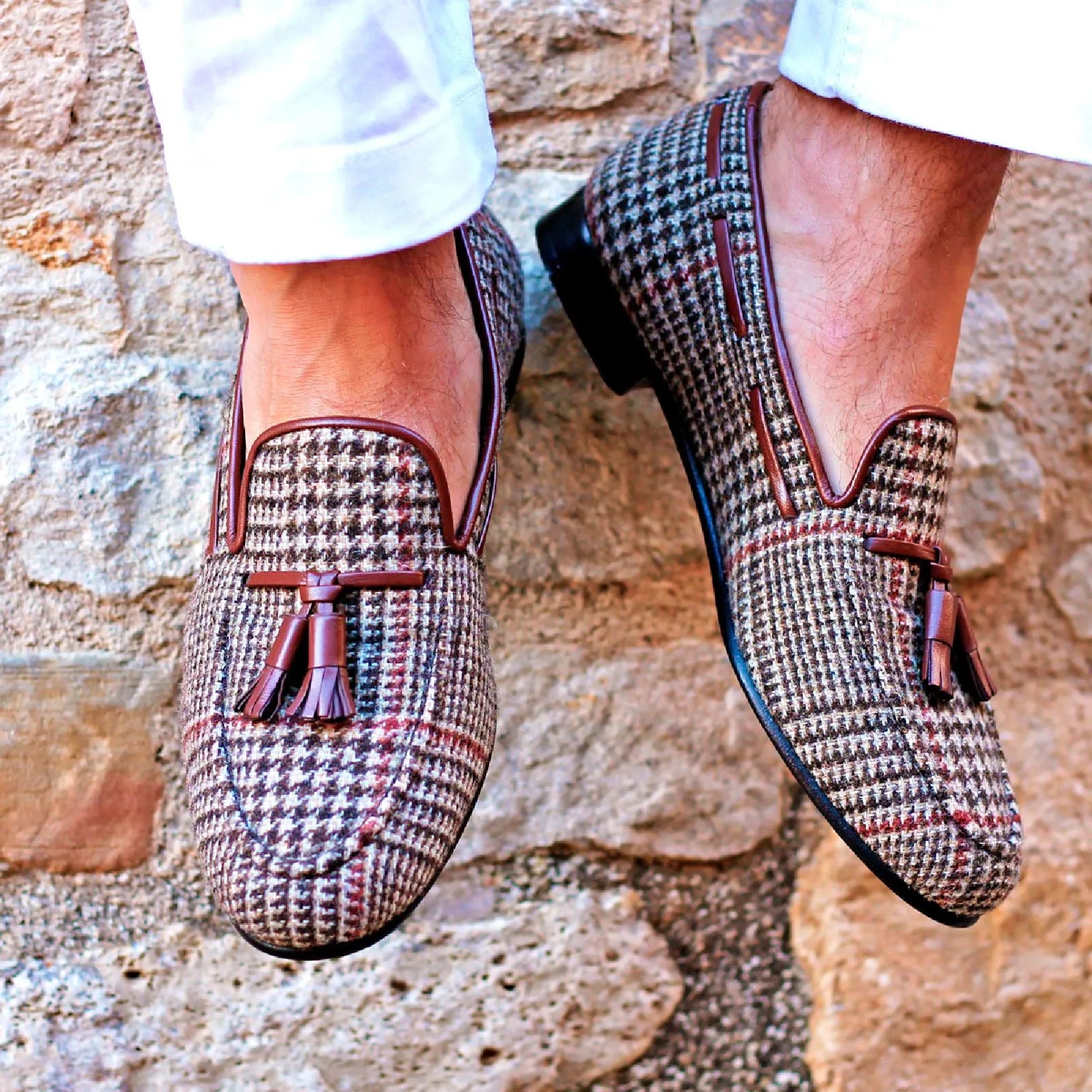 Hendricks loafers with tasseled houndstooth and hand-painted patina