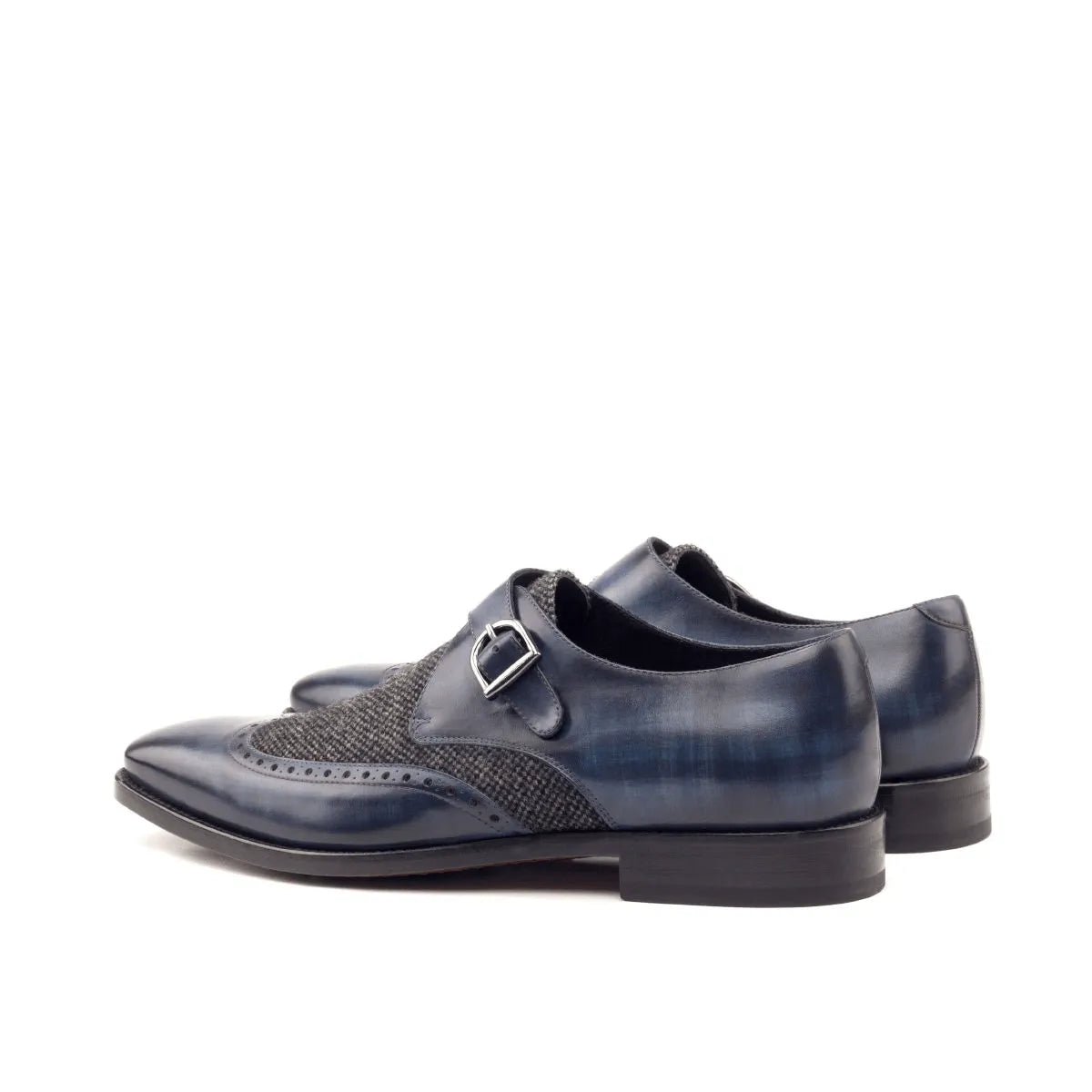 Hudson single monk patina shoes in blue leather and tweed