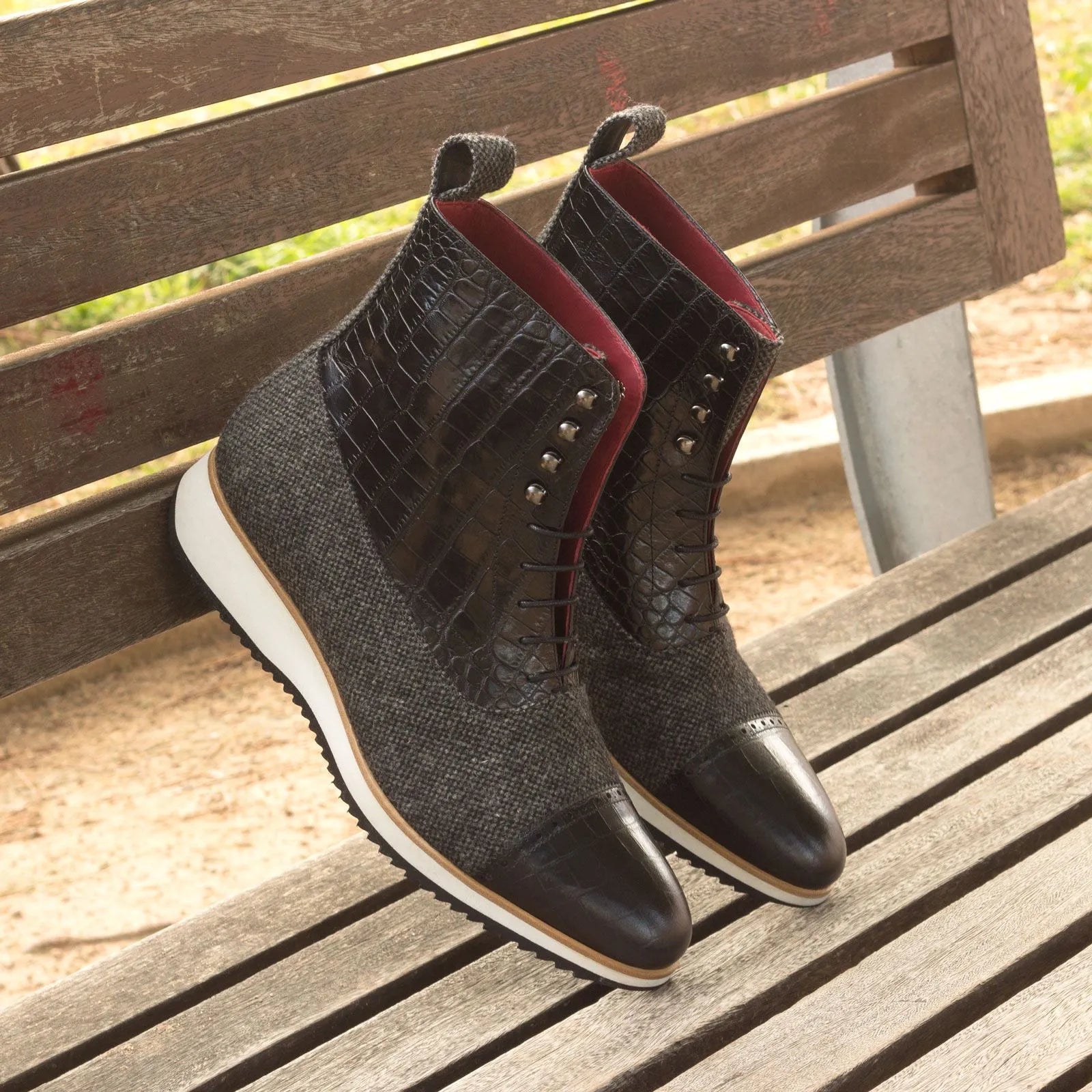 Ismay Balmoral boots in stylish black calf leather and tweed