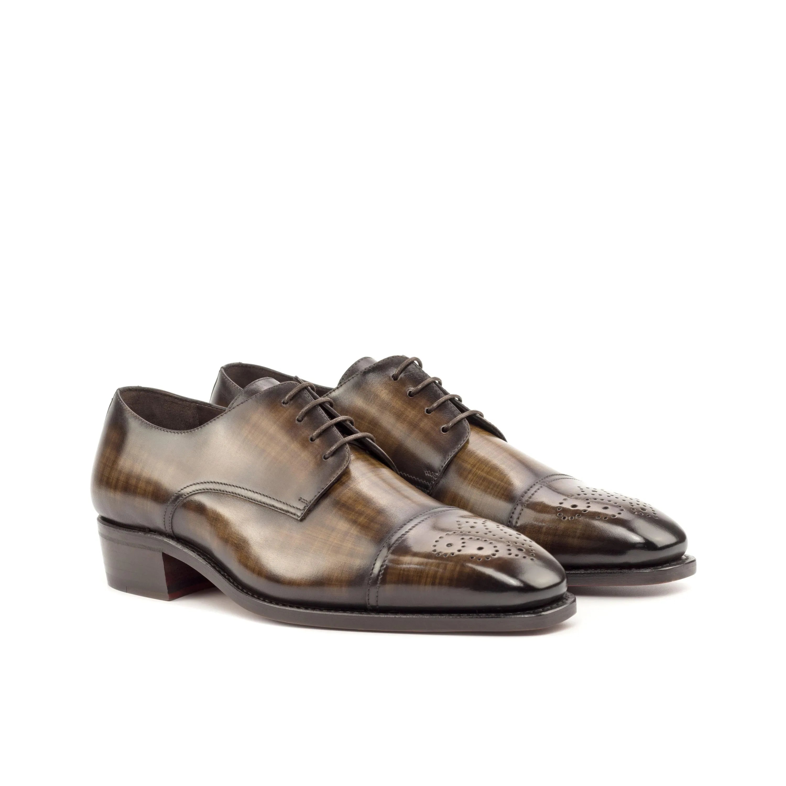 Pair of Jake Patina Derby Shoes in brown leather split toe