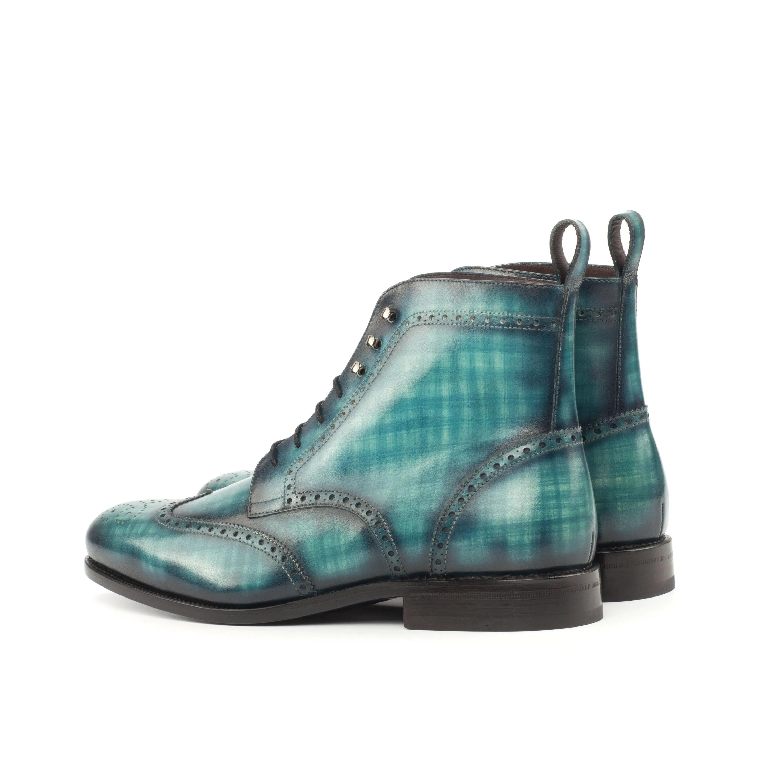 Jarson military brogue patina boots in blue plaid wingtip design