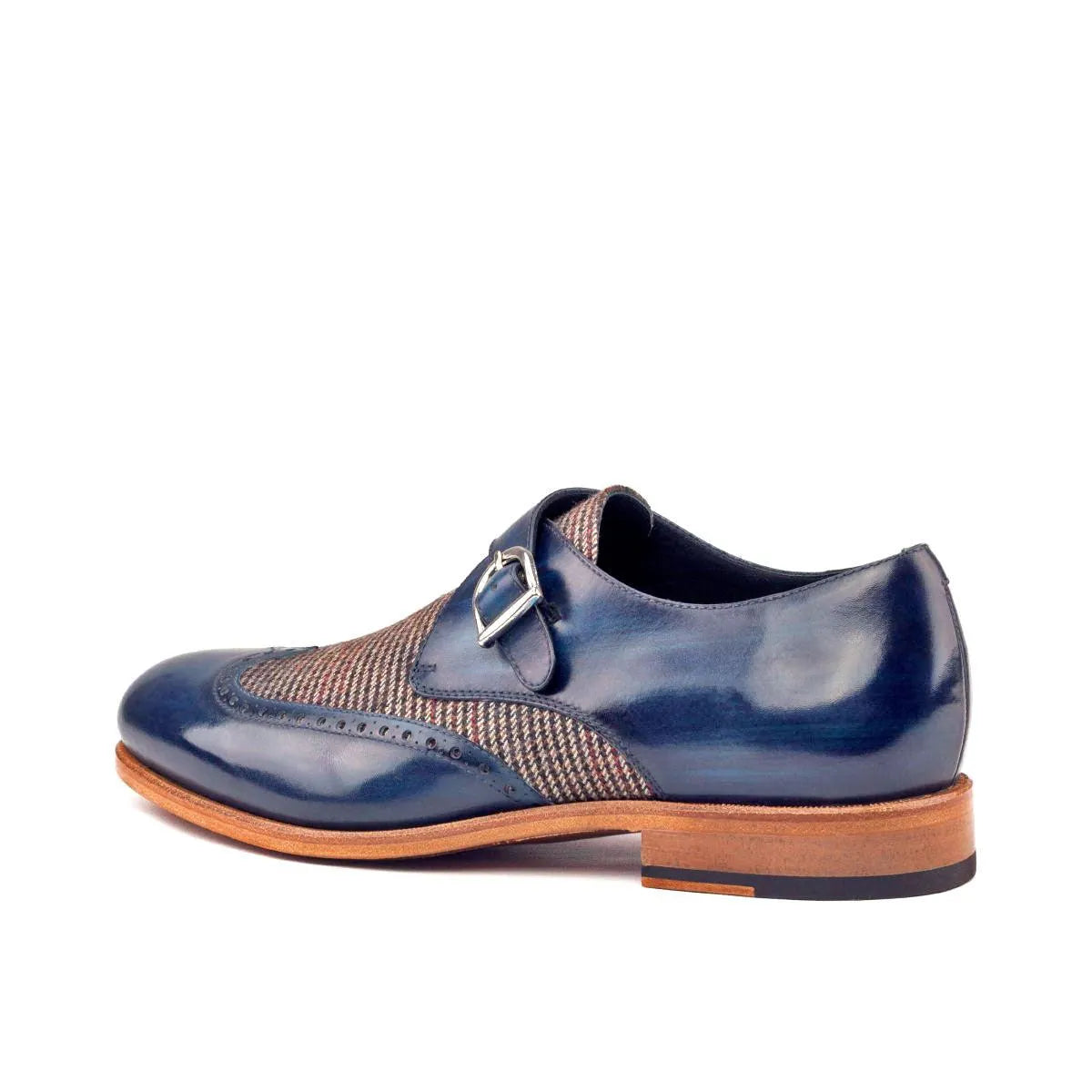 Blue leather and tweed JR single monk patina shoes back view