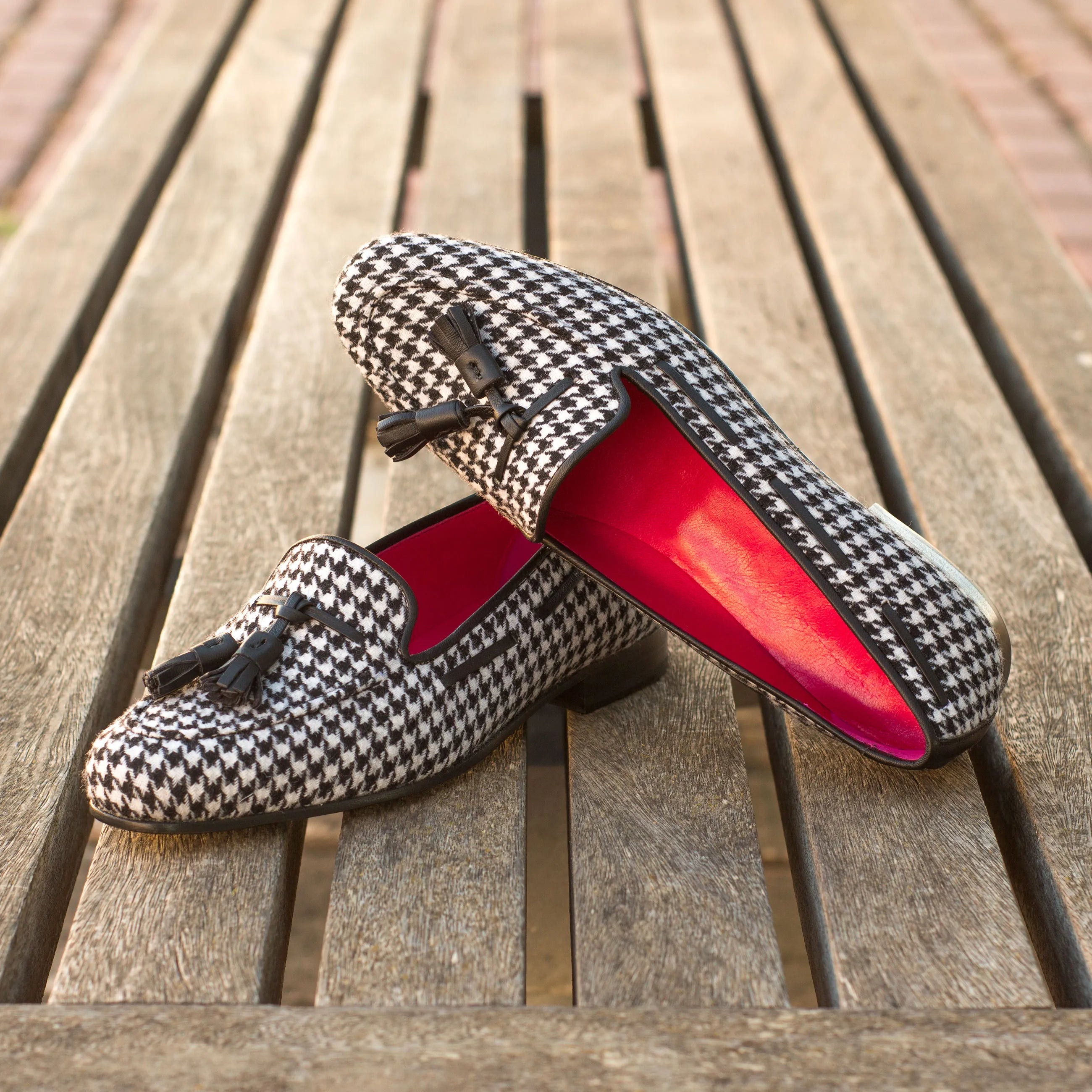 Julia Rose ladies calf leather houndstooth tassel loafers with red lining