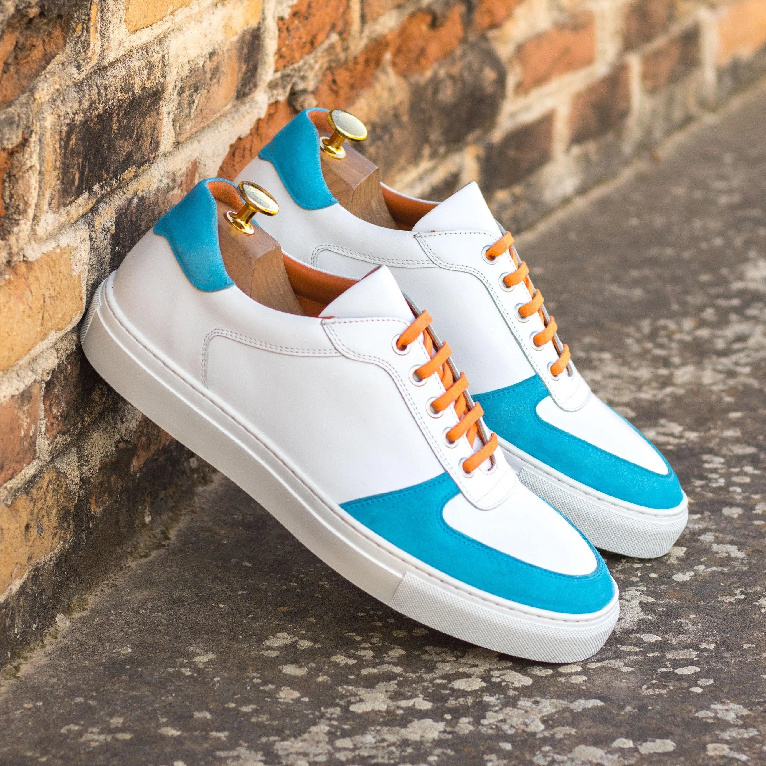 Junos Low white turquoise sneakers orange laces luxury bespoke shoes