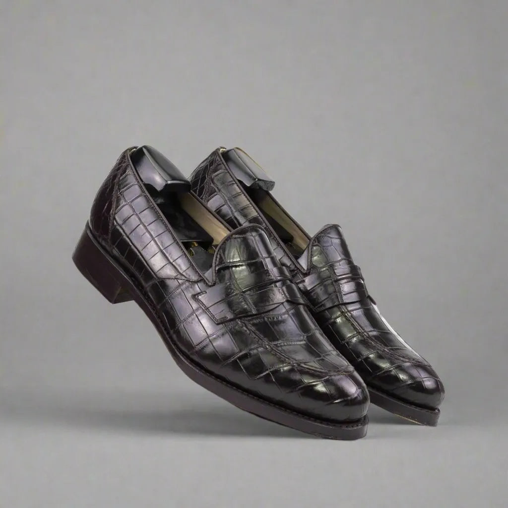 Pair of Karma Alligator loafers in black crocodile leather