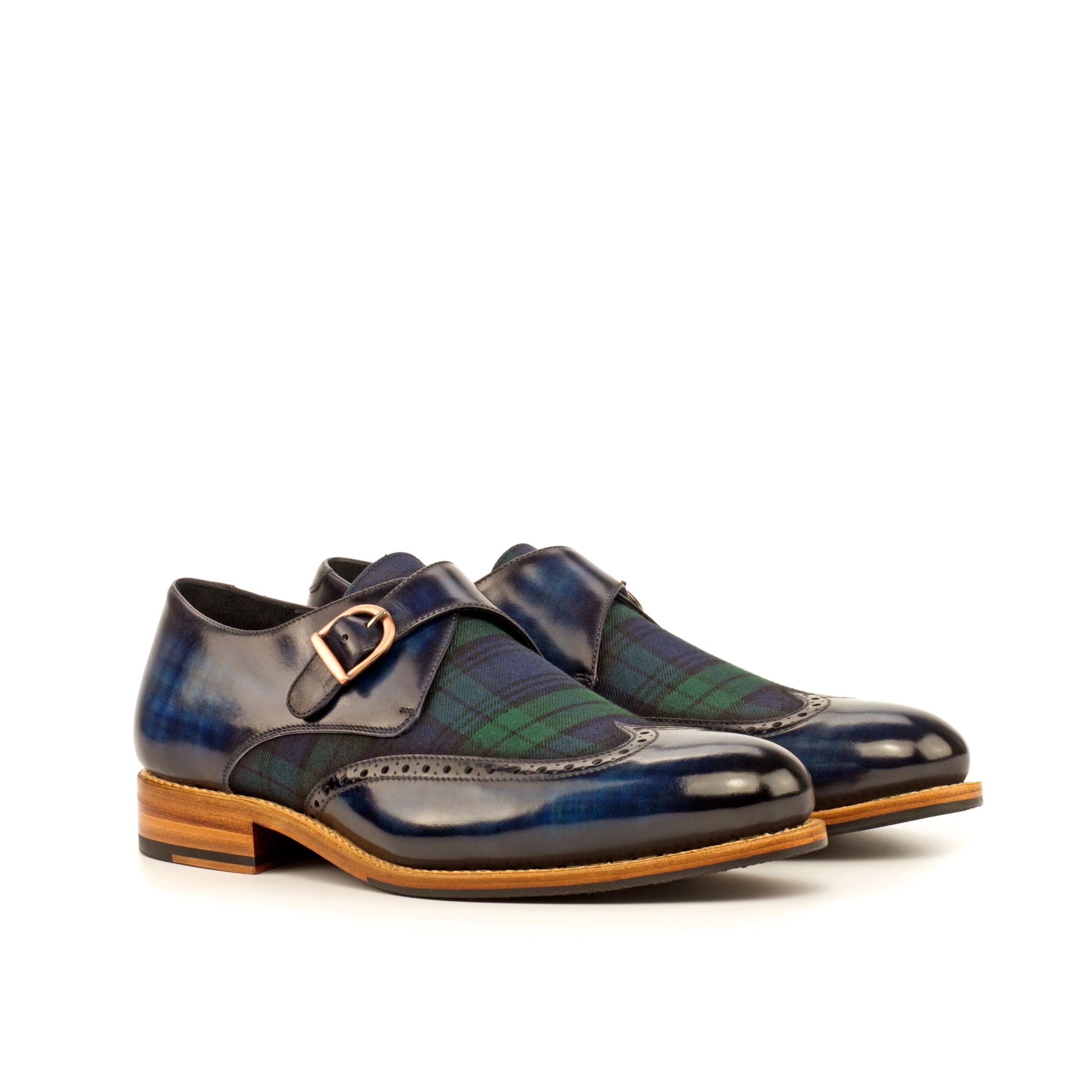 Khalil Patina Single Monk blue leather plaid shoes