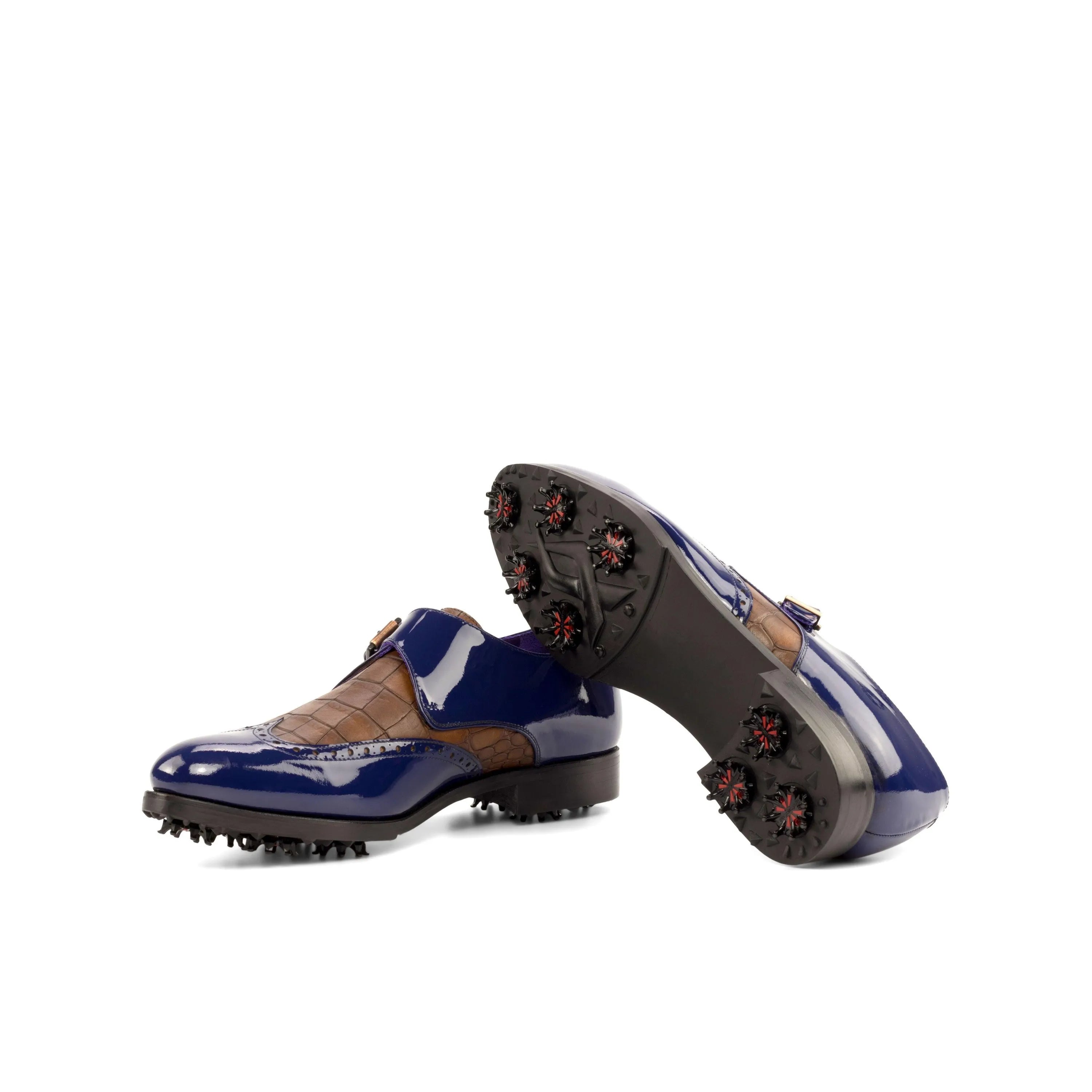 Pair of blue and brown Lambo single monk golf shoes