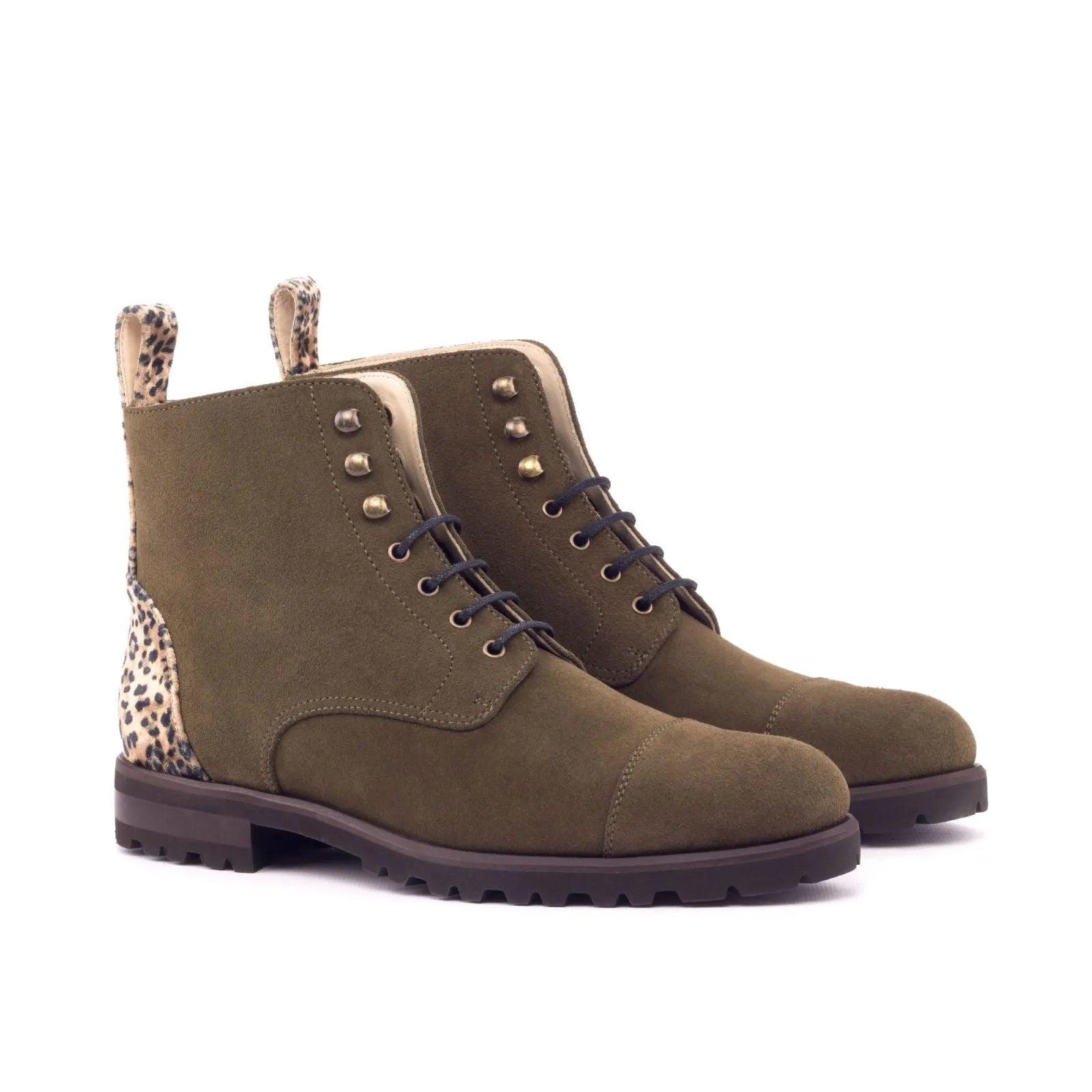 Layal ladies captoe boots in olive green suede with leopard accents