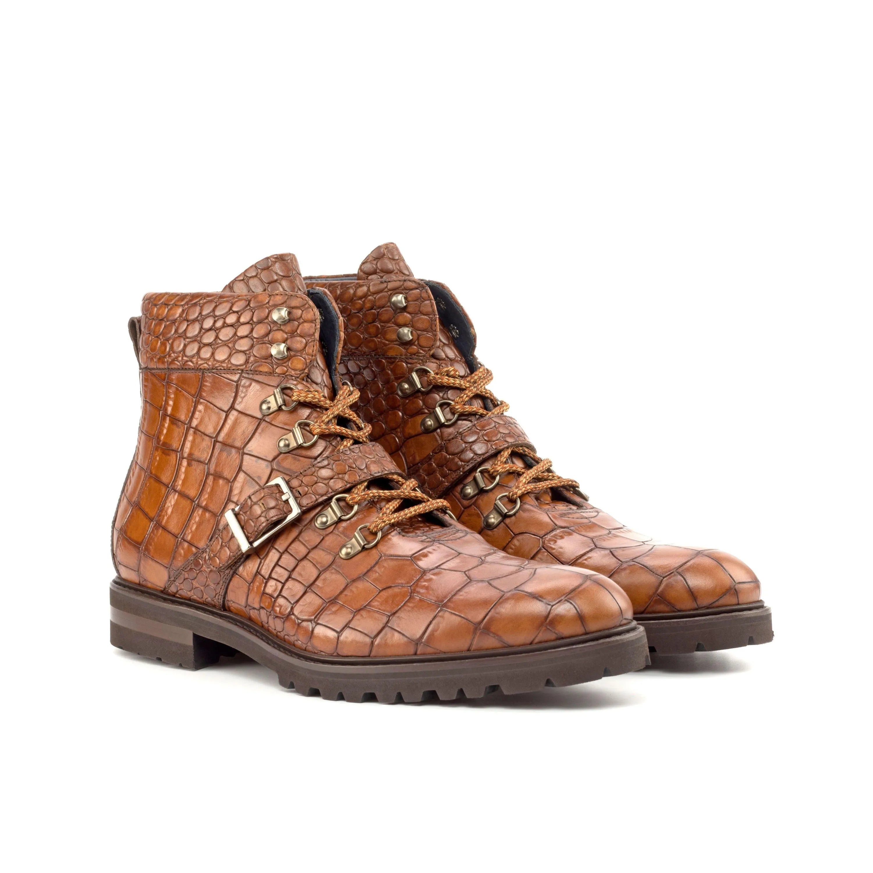 Leland hiking boots in brown crocodile-patterned leather