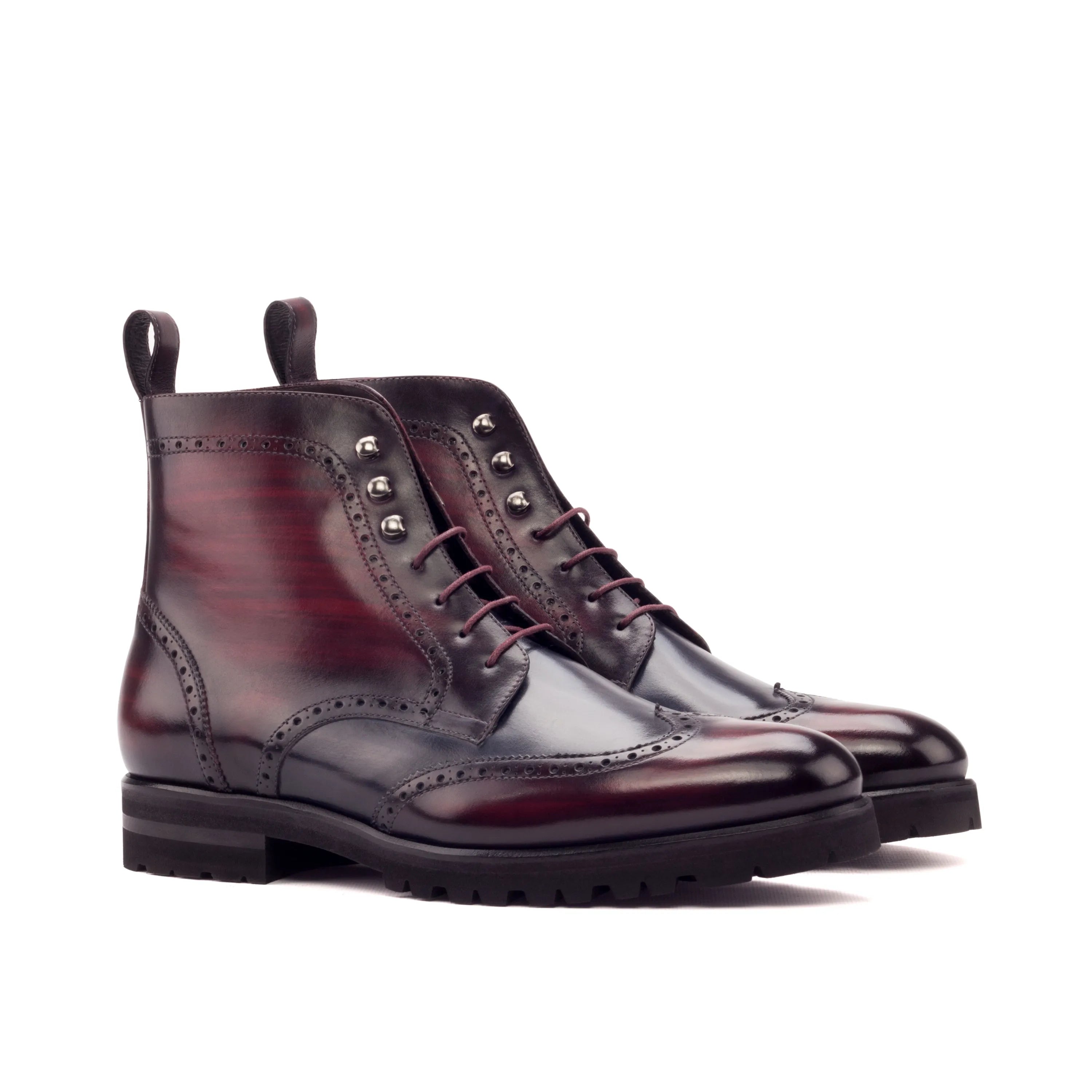 Lincoln military brogue boots in burgundy leather wingtip style