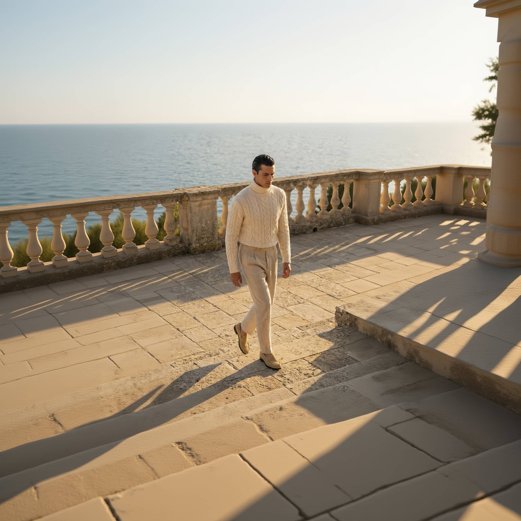 A man wearing a cream-colored cable-knit turtleneck sweater and matching light beige trousers.