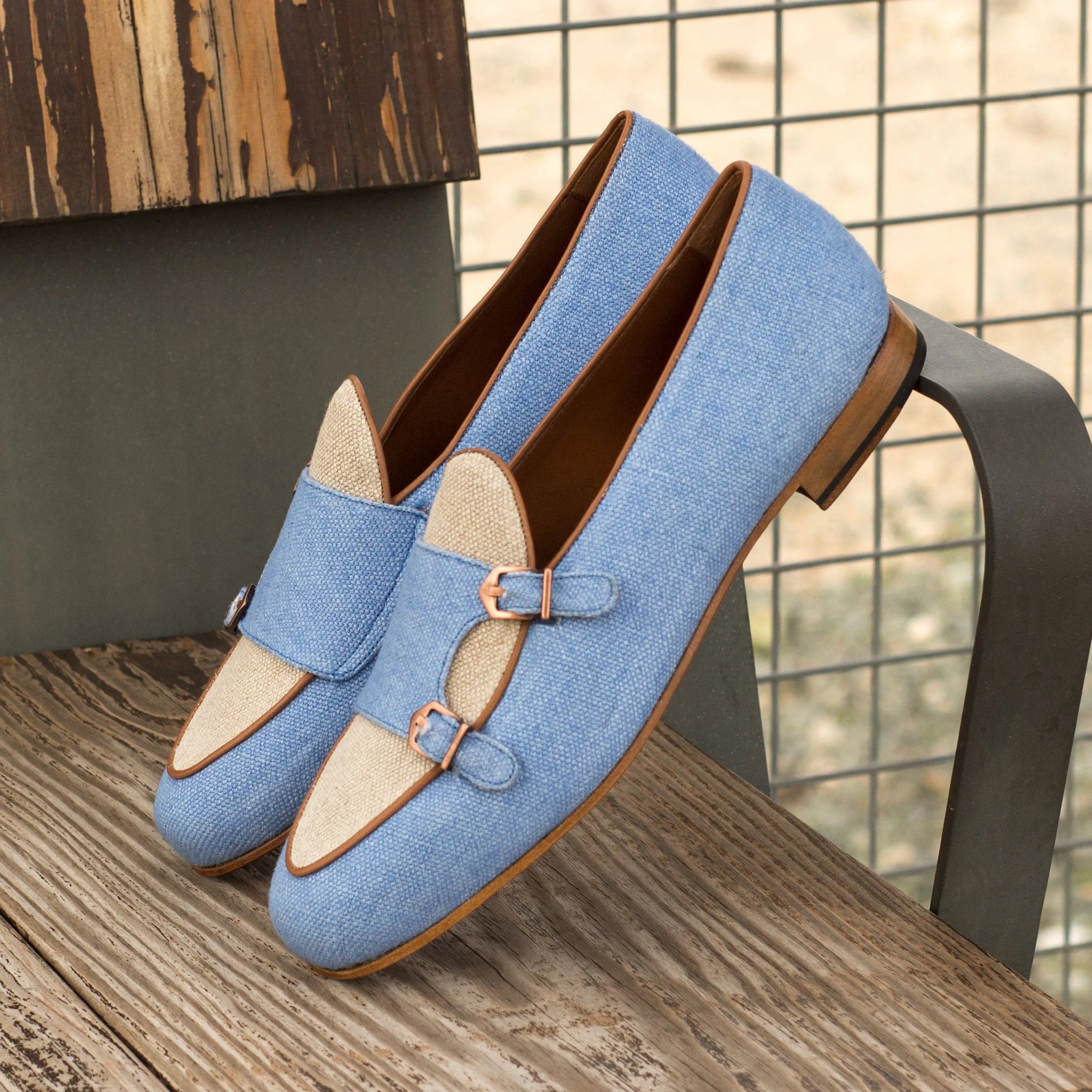 Marcodan Belgian monk slipper in blue and tan double monk strap
