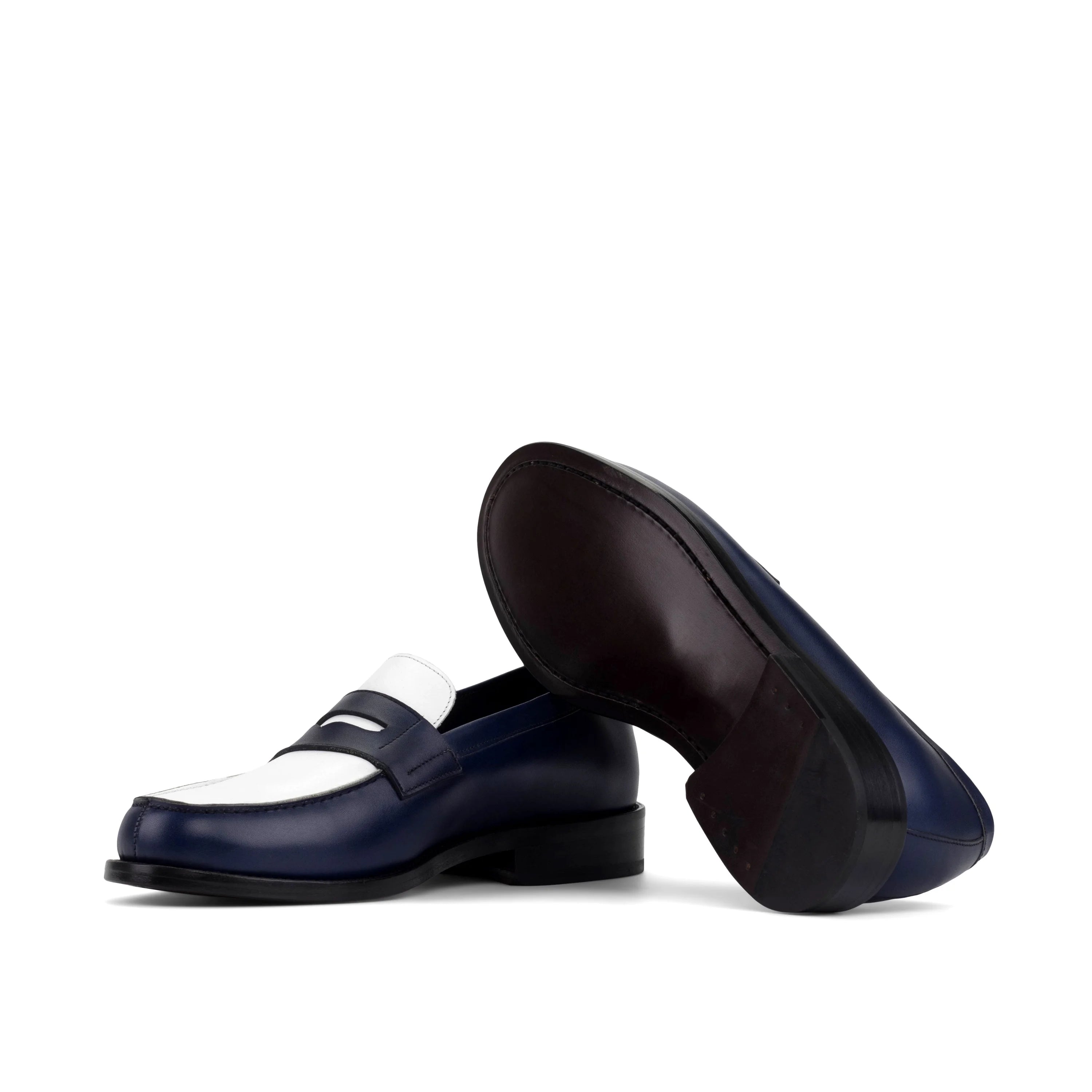 Marew penny loafers in navy calf leather with polished white leather sole