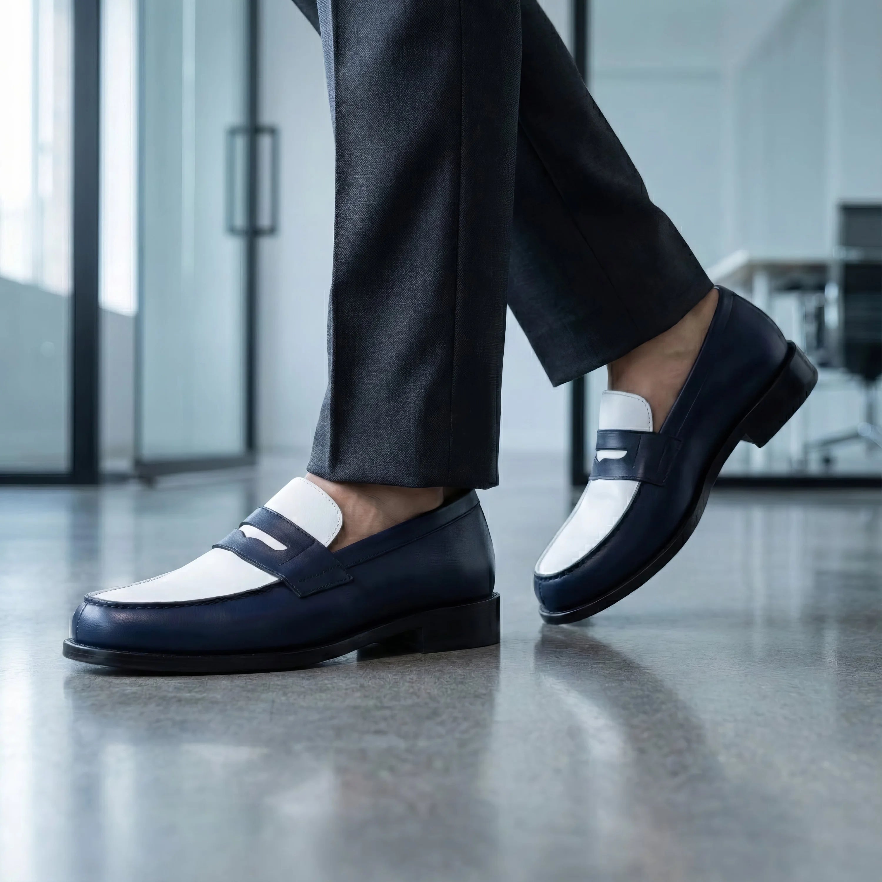 Marew penny loafers in navy calf leather with white two-tone design