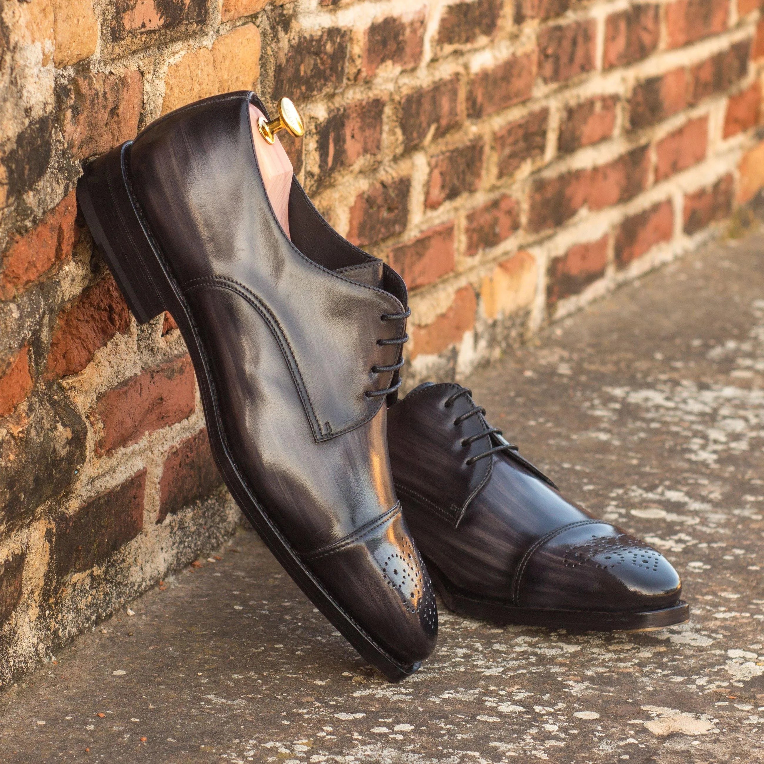 Marion Patina Derby pair of black leather split toe dress shoes