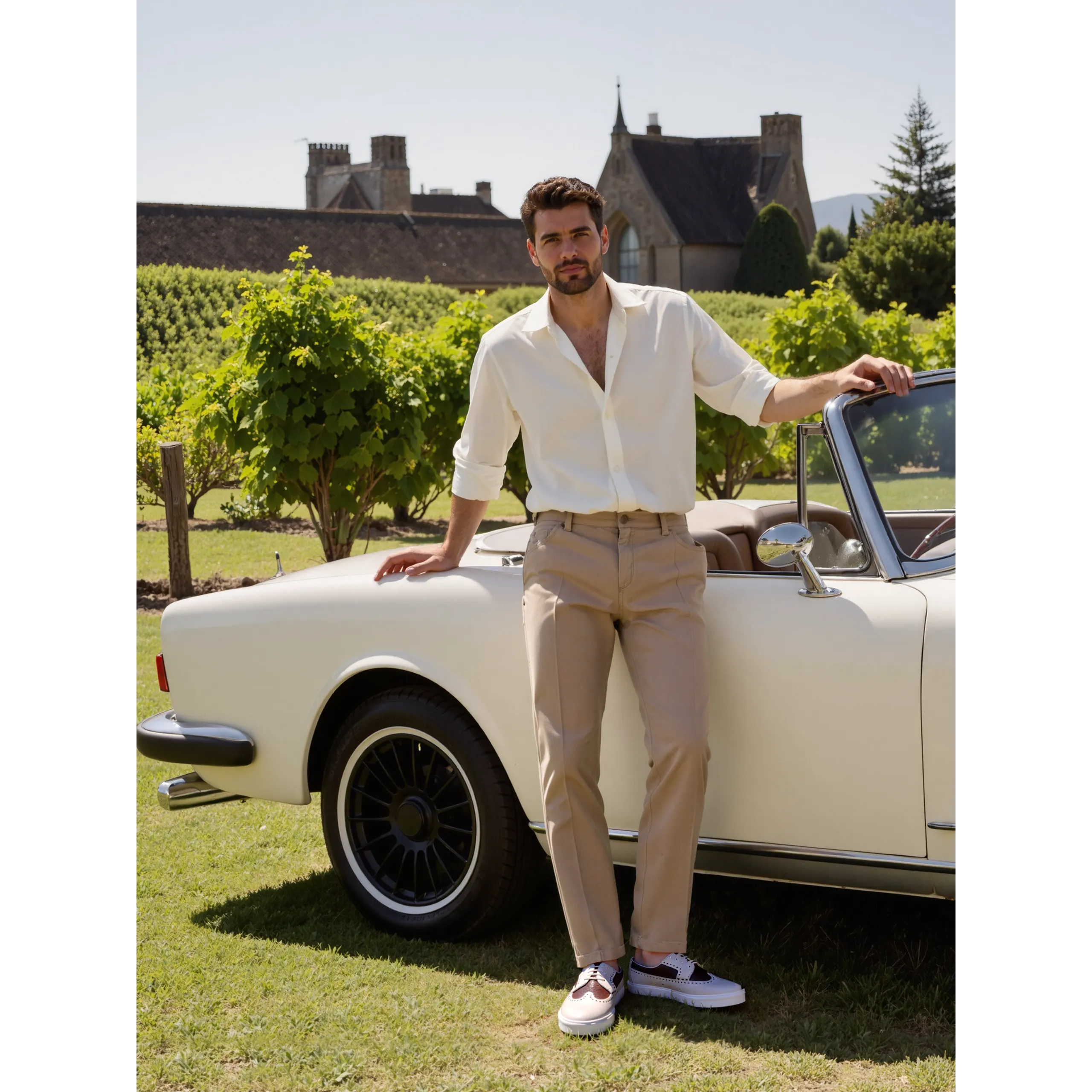 Man posing with vintage convertible in Markof longwing sneaker