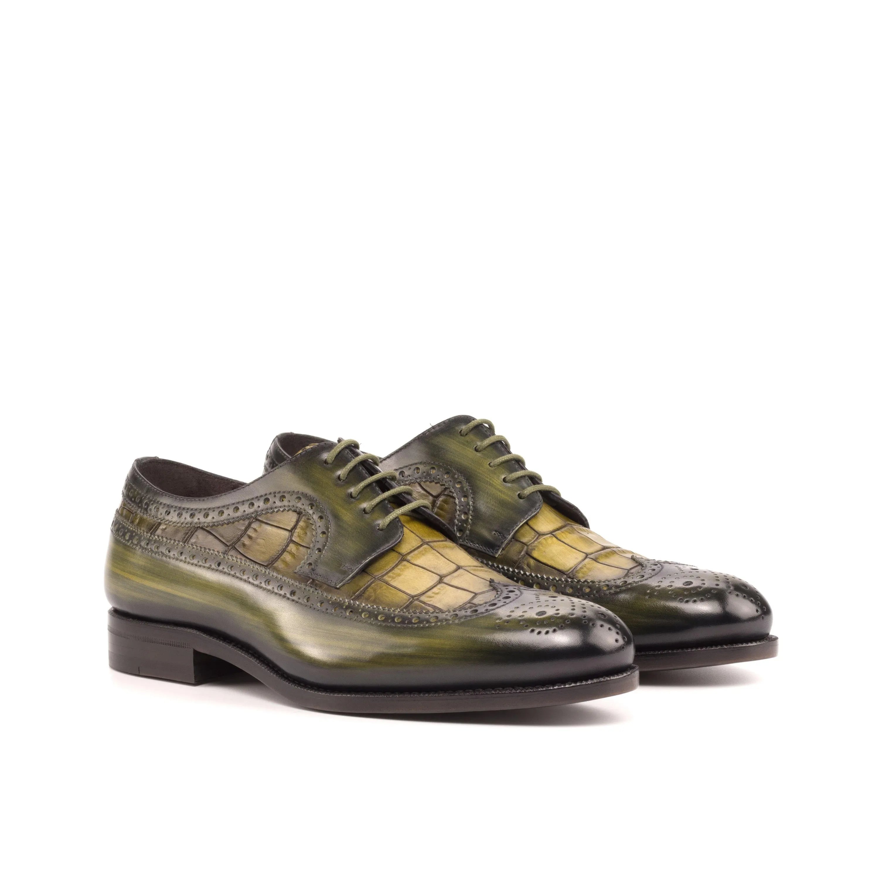 Milios patina longwing blucher in green yellow crocodile pattern