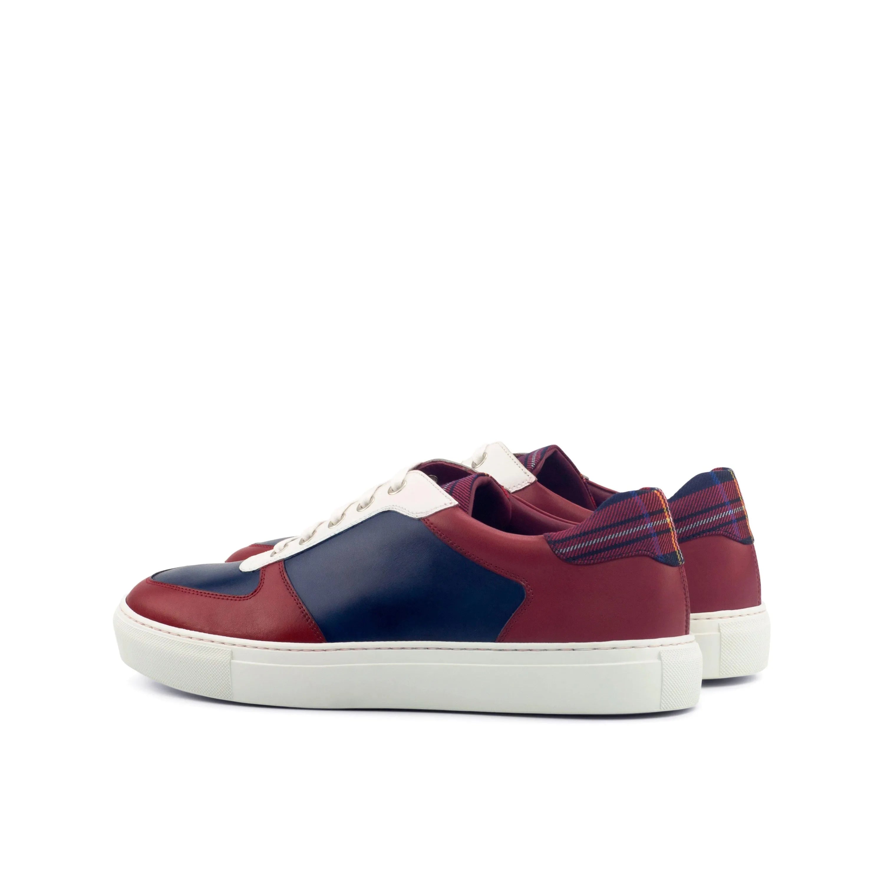 Milo low painted calf trainer sneaker in burgundy and navy leather