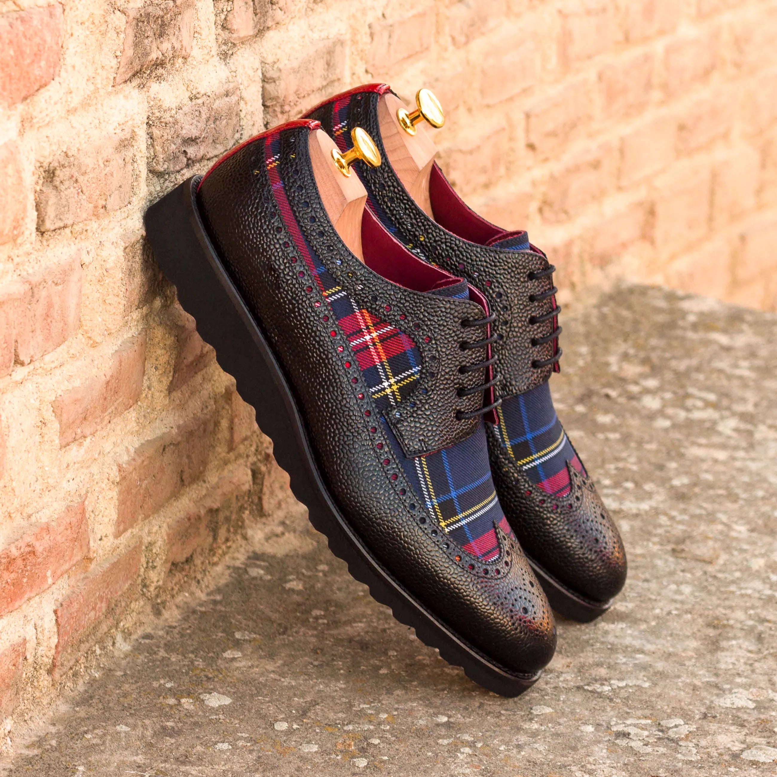 Miltiades longwing blucher black leather plaid dress shoes